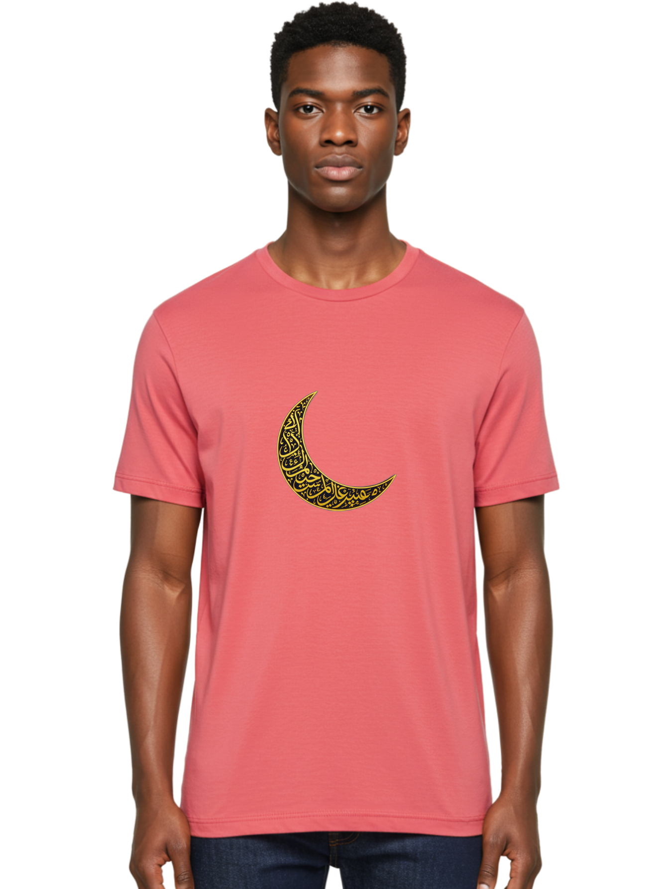 Crescent-Moon-With-Arabic-Calligraphy Men'S Graphic Tee, 100% Cotton, Comfortable Casual Summer Wear, Machine Washable, Crescent Moon, Islamic Calligraphy, Arabic Script, Golden Hues, Intricate Patterns, Traditional Islamic Art, Ramadan Symbol Bac934