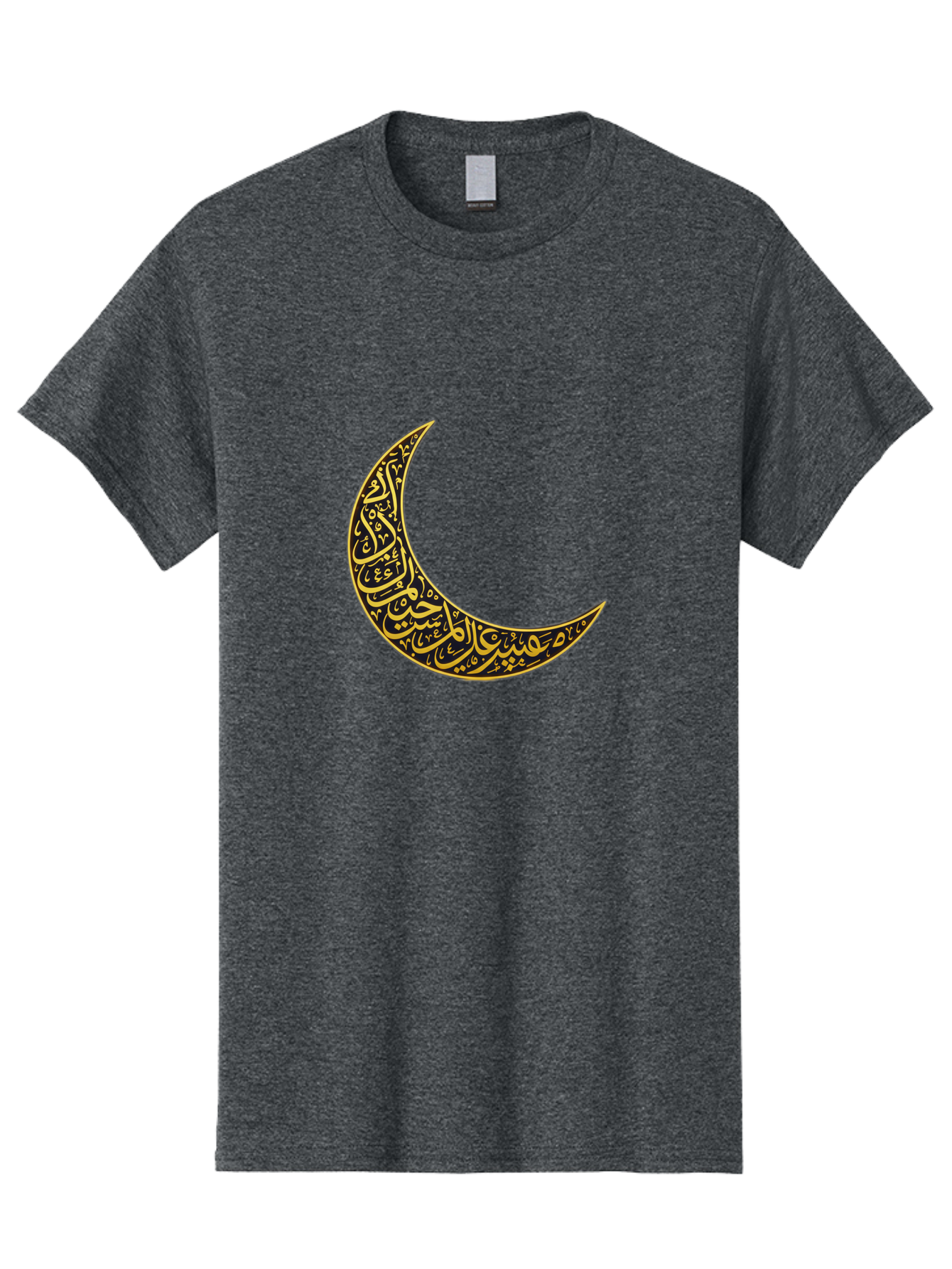 Crescent-Moon-With-Arabic-Calligraphy Men'S Graphic Tee, 100% Cotton, Comfortable Casual Summer Wear, Machine Washable, Crescent Moon, Islamic Calligraphy, Arabic Script, Golden Hues, Intricate Patterns, Traditional Islamic Art, Ramadan Symbol Bac934