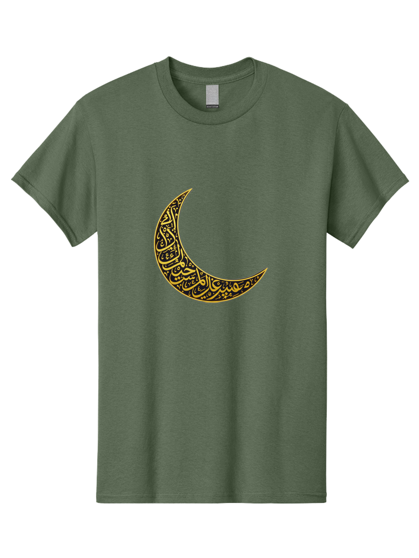 Crescent-Moon-With-Arabic-Calligraphy Men'S Graphic Tee, 100% Cotton, Comfortable Casual Summer Wear, Machine Washable, Crescent Moon, Islamic Calligraphy, Arabic Script, Golden Hues, Intricate Patterns, Traditional Islamic Art, Ramadan Symbol Bac934