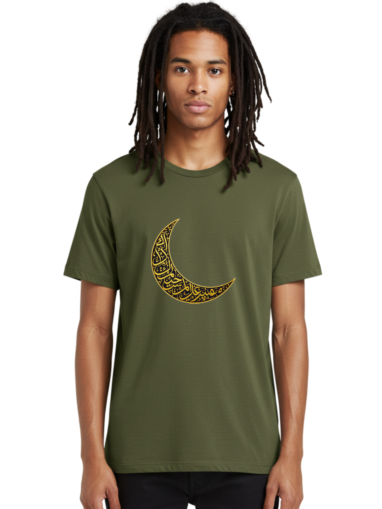 Crescent-Moon-With-Arabic-Calligraphy Men'S Graphic Tee, 100% Cotton, Comfortable Casual Summer Wear, Machine Washable, Crescent Moon, Islamic Calligraphy, Arabic Script, Golden Hues, Intricate Patterns, Traditional Islamic Art, Ramadan Symbol Bac934