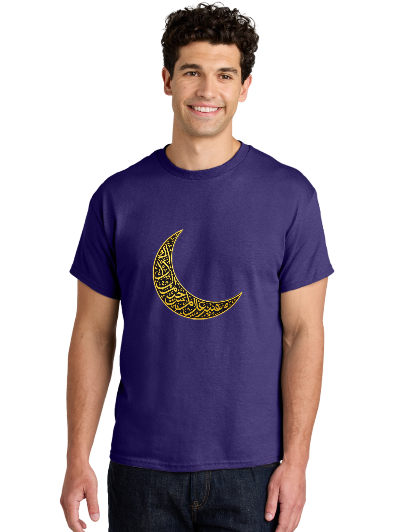 Crescent-Moon-With-Arabic-Calligraphy Men'S Graphic Tee, 100% Cotton, Comfortable Casual Summer Wear, Machine Washable, Crescent Moon, Islamic Calligraphy, Arabic Script, Golden Hues, Intricate Patterns, Traditional Islamic Art, Ramadan Symbol Bac934
