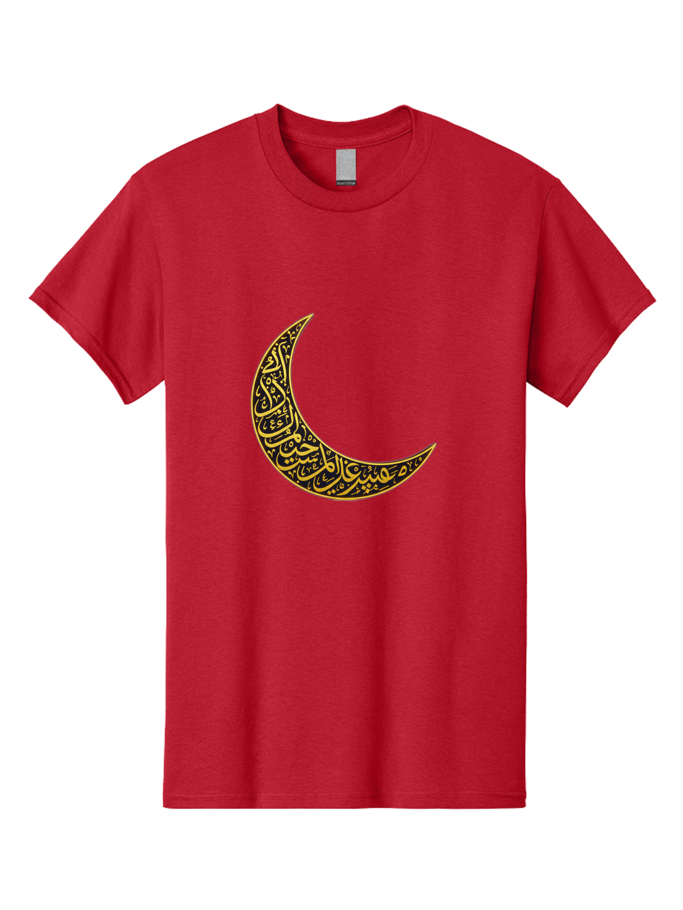 Crescent-Moon-With-Arabic-Calligraphy Men'S Graphic Tee, 100% Cotton, Comfortable Casual Summer Wear, Machine Washable, Crescent Moon, Islamic Calligraphy, Arabic Script, Golden Hues, Intricate Patterns, Traditional Islamic Art, Ramadan Symbol Bac934