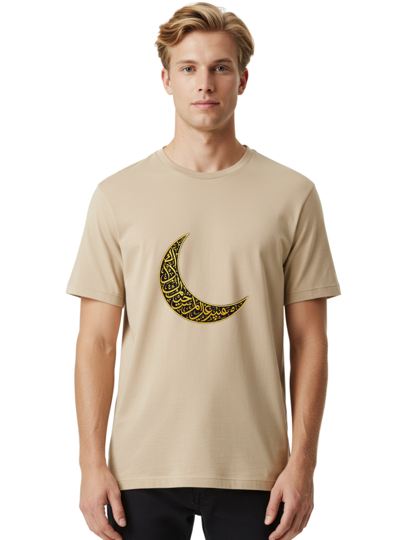 Crescent-Moon-With-Arabic-Calligraphy Men'S Graphic Tee, 100% Cotton, Comfortable Casual Summer Wear, Machine Washable, Crescent Moon, Islamic Calligraphy, Arabic Script, Golden Hues, Intricate Patterns, Traditional Islamic Art, Ramadan Symbol Bac934