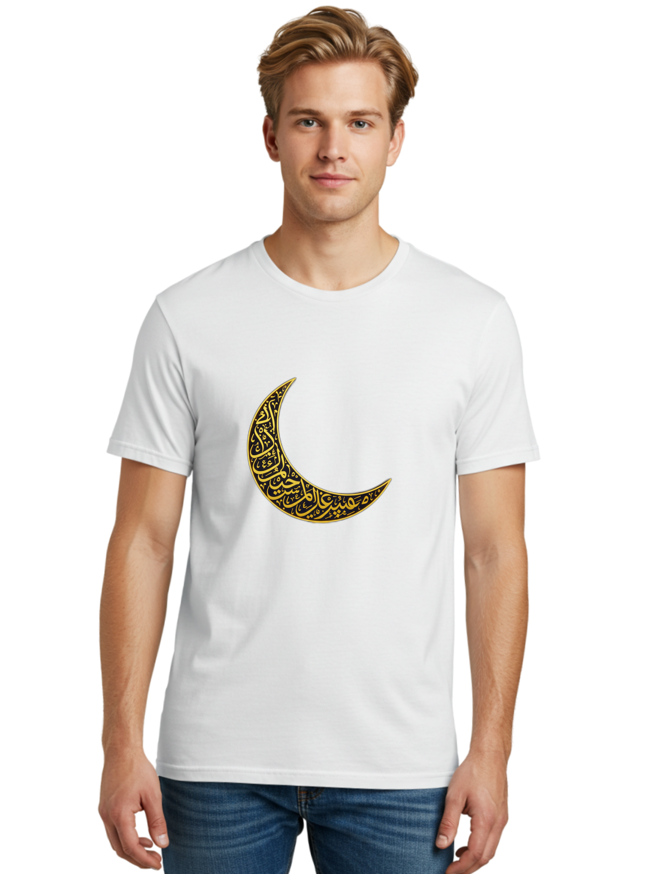Crescent-Moon-With-Arabic-Calligraphy Men'S Graphic Tee, 100% Cotton, Comfortable Casual Summer Wear, Machine Washable, Crescent Moon, Islamic Calligraphy, Arabic Script, Golden Hues, Intricate Patterns, Traditional Islamic Art, Ramadan Symbol Bac934