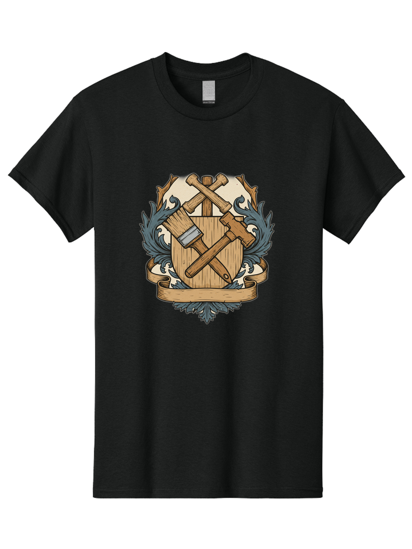 Crisscrossed-Mallets Men'S Graphic Tee, 100% Cotton, Comfortable Casual Summer Wear, Machine Washable, Wooden Shield, Decorative Emblem, Crossed Mallets, Ornate Crest, Heraldic Design, Vintage Logo, Carpentry Tools, Craftsmanship Symbol Bac935