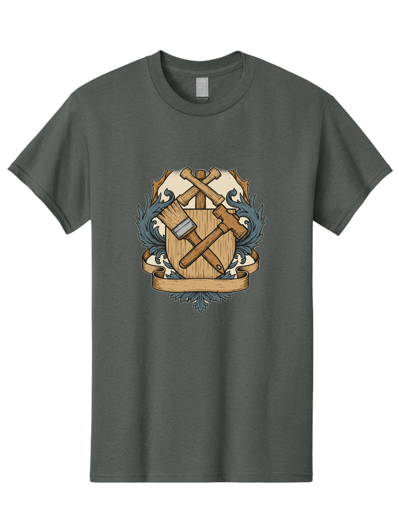 Crisscrossed-Mallets Men'S Graphic Tee, 100% Cotton, Comfortable Casual Summer Wear, Machine Washable, Wooden Shield, Decorative Emblem, Crossed Mallets, Ornate Crest, Heraldic Design, Vintage Logo, Carpentry Tools, Craftsmanship Symbol Bac935