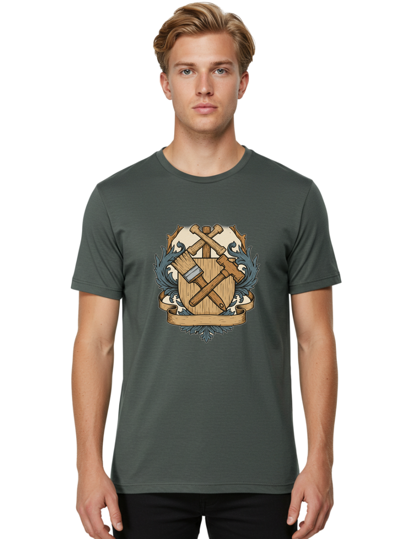 Crisscrossed-Mallets Men'S Graphic Tee, 100% Cotton, Comfortable Casual Summer Wear, Machine Washable, Wooden Shield, Decorative Emblem, Crossed Mallets, Ornate Crest, Heraldic Design, Vintage Logo, Carpentry Tools, Craftsmanship Symbol Bac935