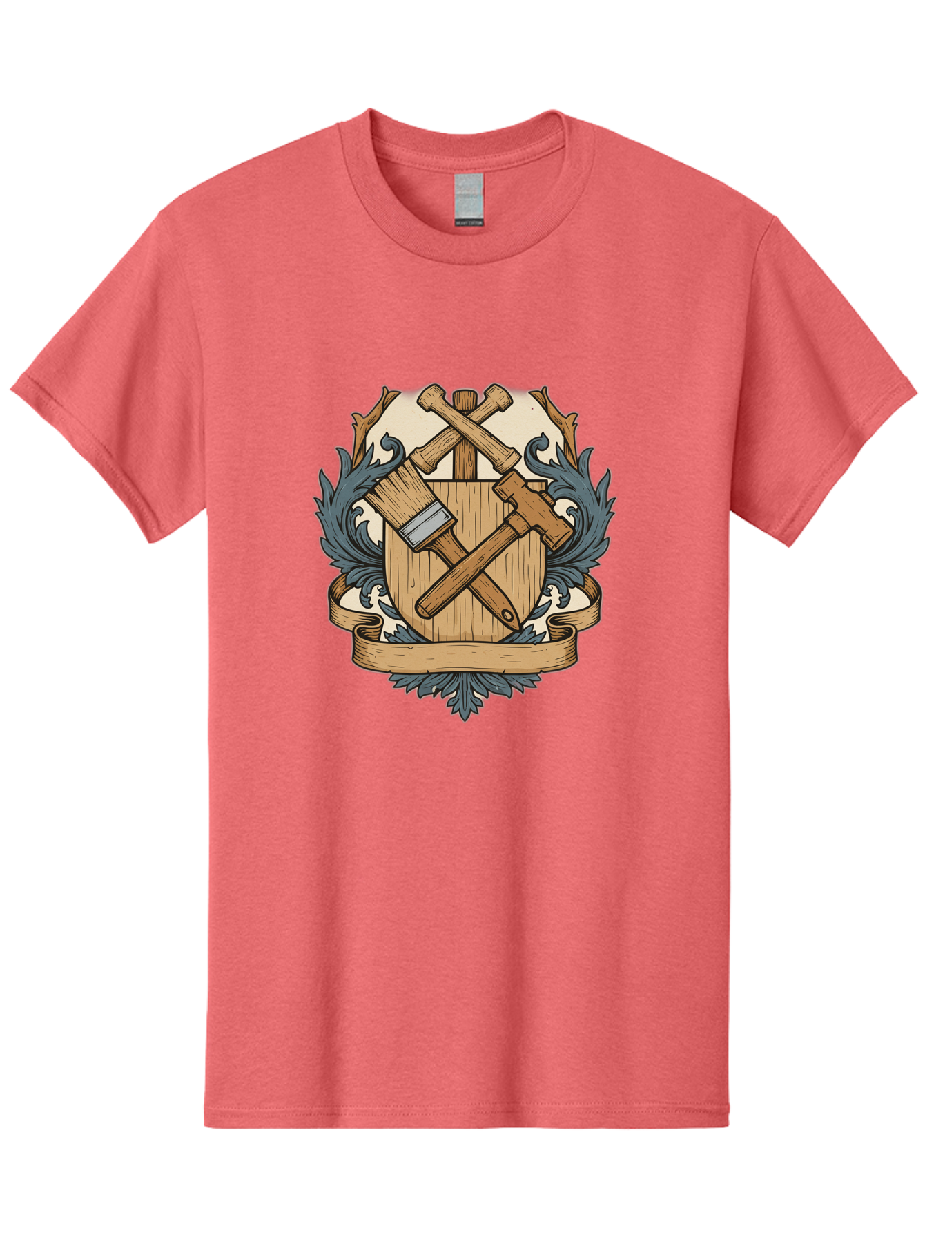 Crisscrossed-Mallets Men'S Graphic Tee, 100% Cotton, Comfortable Casual Summer Wear, Machine Washable, Wooden Shield, Decorative Emblem, Crossed Mallets, Ornate Crest, Heraldic Design, Vintage Logo, Carpentry Tools, Craftsmanship Symbol Bac935