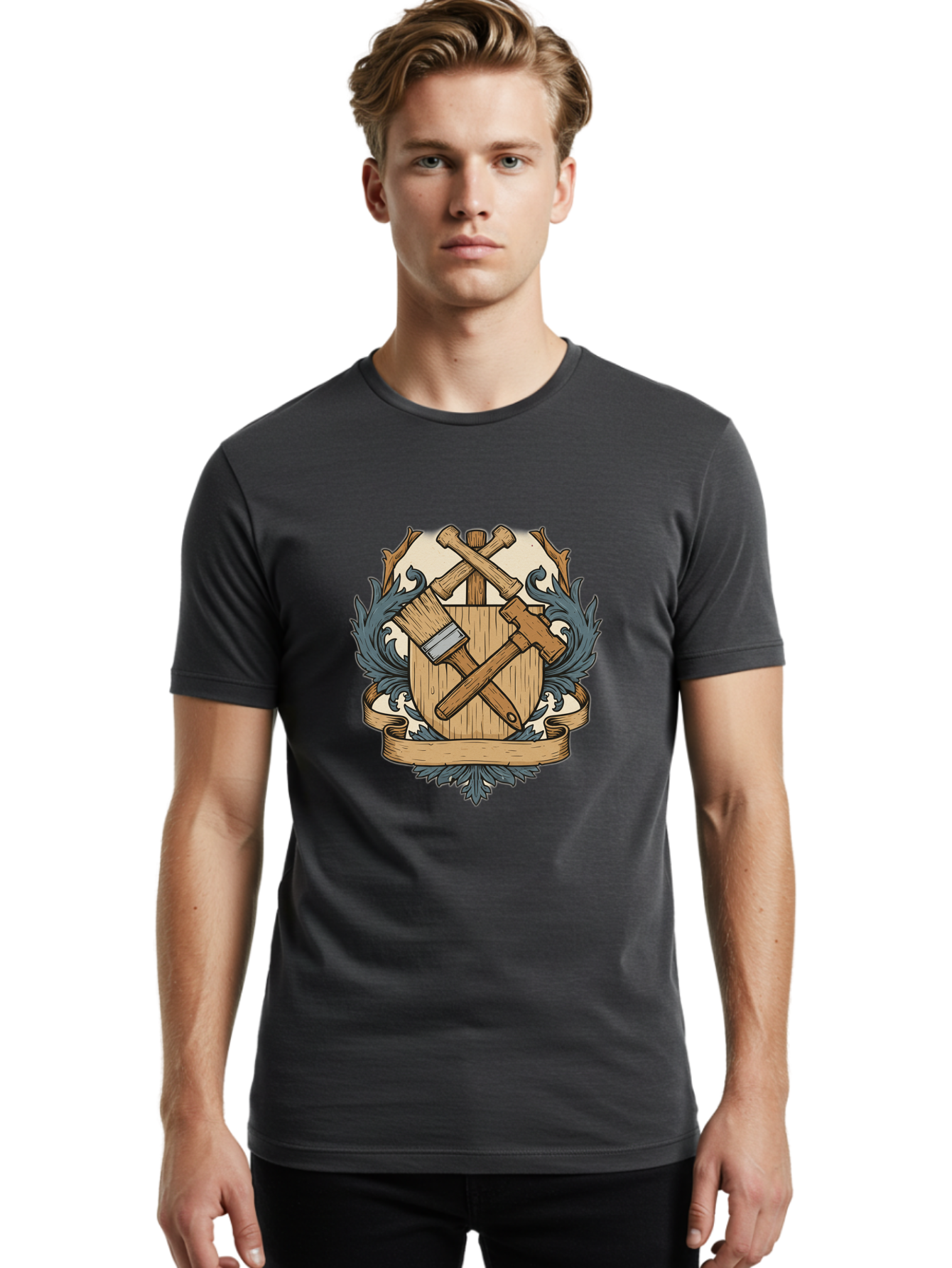 Crisscrossed-Mallets Men'S Graphic Tee, 100% Cotton, Comfortable Casual Summer Wear, Machine Washable, Wooden Shield, Decorative Emblem, Crossed Mallets, Ornate Crest, Heraldic Design, Vintage Logo, Carpentry Tools, Craftsmanship Symbol Bac935