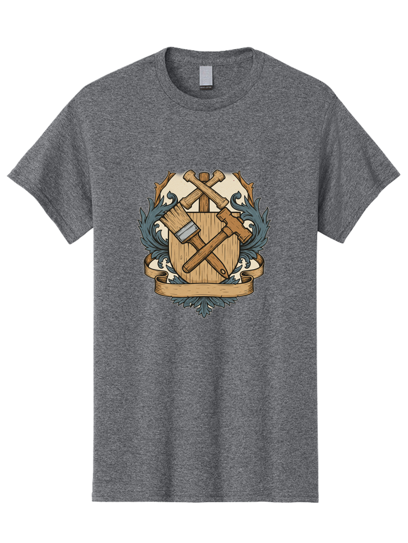 Crisscrossed-Mallets Men'S Graphic Tee, 100% Cotton, Comfortable Casual Summer Wear, Machine Washable, Wooden Shield, Decorative Emblem, Crossed Mallets, Ornate Crest, Heraldic Design, Vintage Logo, Carpentry Tools, Craftsmanship Symbol Bac935