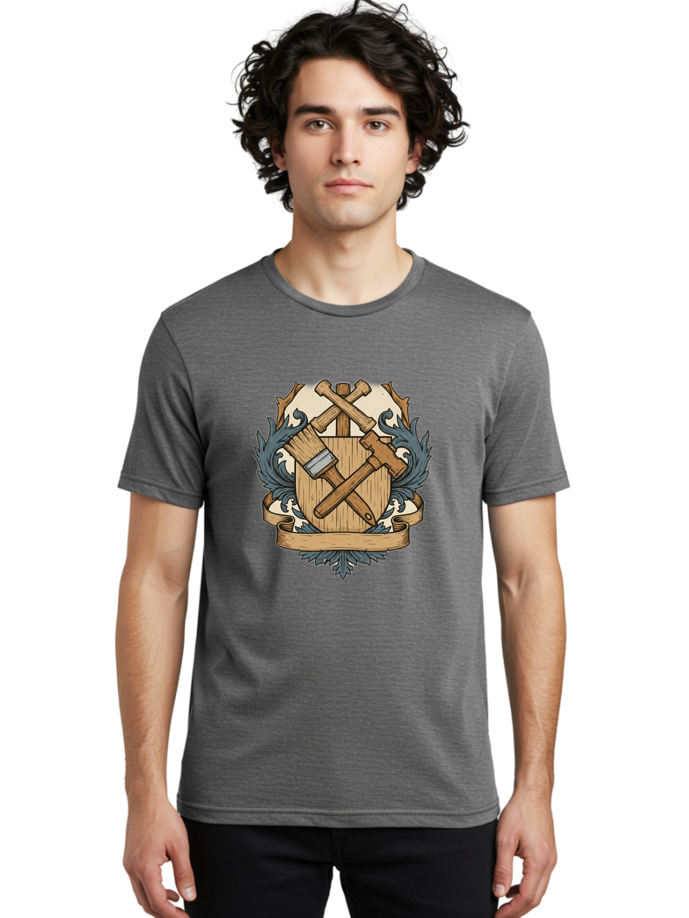 Crisscrossed-Mallets Men'S Graphic Tee, 100% Cotton, Comfortable Casual Summer Wear, Machine Washable, Wooden Shield, Decorative Emblem, Crossed Mallets, Ornate Crest, Heraldic Design, Vintage Logo, Carpentry Tools, Craftsmanship Symbol Bac935