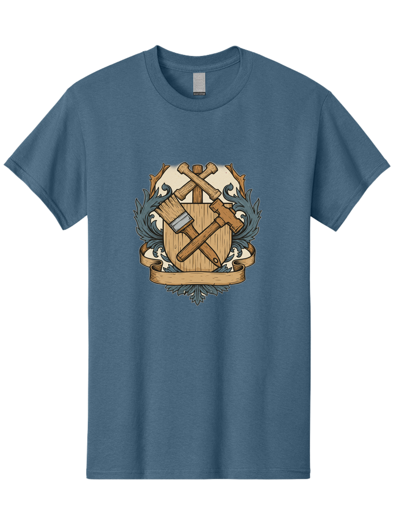 Crisscrossed-Mallets Men'S Graphic Tee, 100% Cotton, Comfortable Casual Summer Wear, Machine Washable, Wooden Shield, Decorative Emblem, Crossed Mallets, Ornate Crest, Heraldic Design, Vintage Logo, Carpentry Tools, Craftsmanship Symbol Bac935