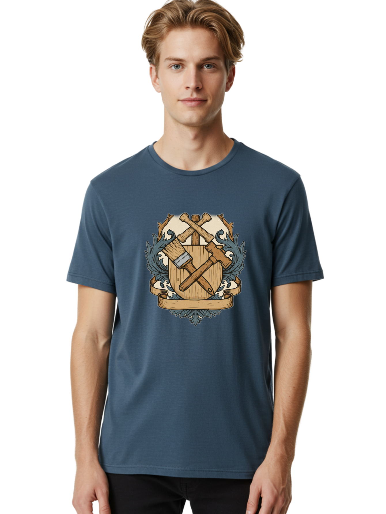 Crisscrossed-Mallets Men'S Graphic Tee, 100% Cotton, Comfortable Casual Summer Wear, Machine Washable, Wooden Shield, Decorative Emblem, Crossed Mallets, Ornate Crest, Heraldic Design, Vintage Logo, Carpentry Tools, Craftsmanship Symbol Bac935