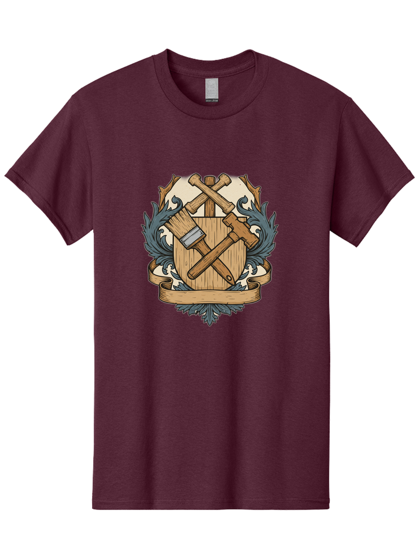 Crisscrossed-Mallets Men'S Graphic Tee, 100% Cotton, Comfortable Casual Summer Wear, Machine Washable, Wooden Shield, Decorative Emblem, Crossed Mallets, Ornate Crest, Heraldic Design, Vintage Logo, Carpentry Tools, Craftsmanship Symbol Bac935