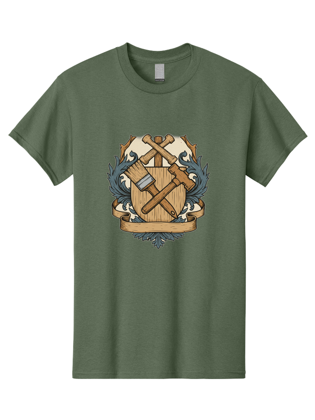 Crisscrossed-Mallets Men'S Graphic Tee, 100% Cotton, Comfortable Casual Summer Wear, Machine Washable, Wooden Shield, Decorative Emblem, Crossed Mallets, Ornate Crest, Heraldic Design, Vintage Logo, Carpentry Tools, Craftsmanship Symbol Bac935