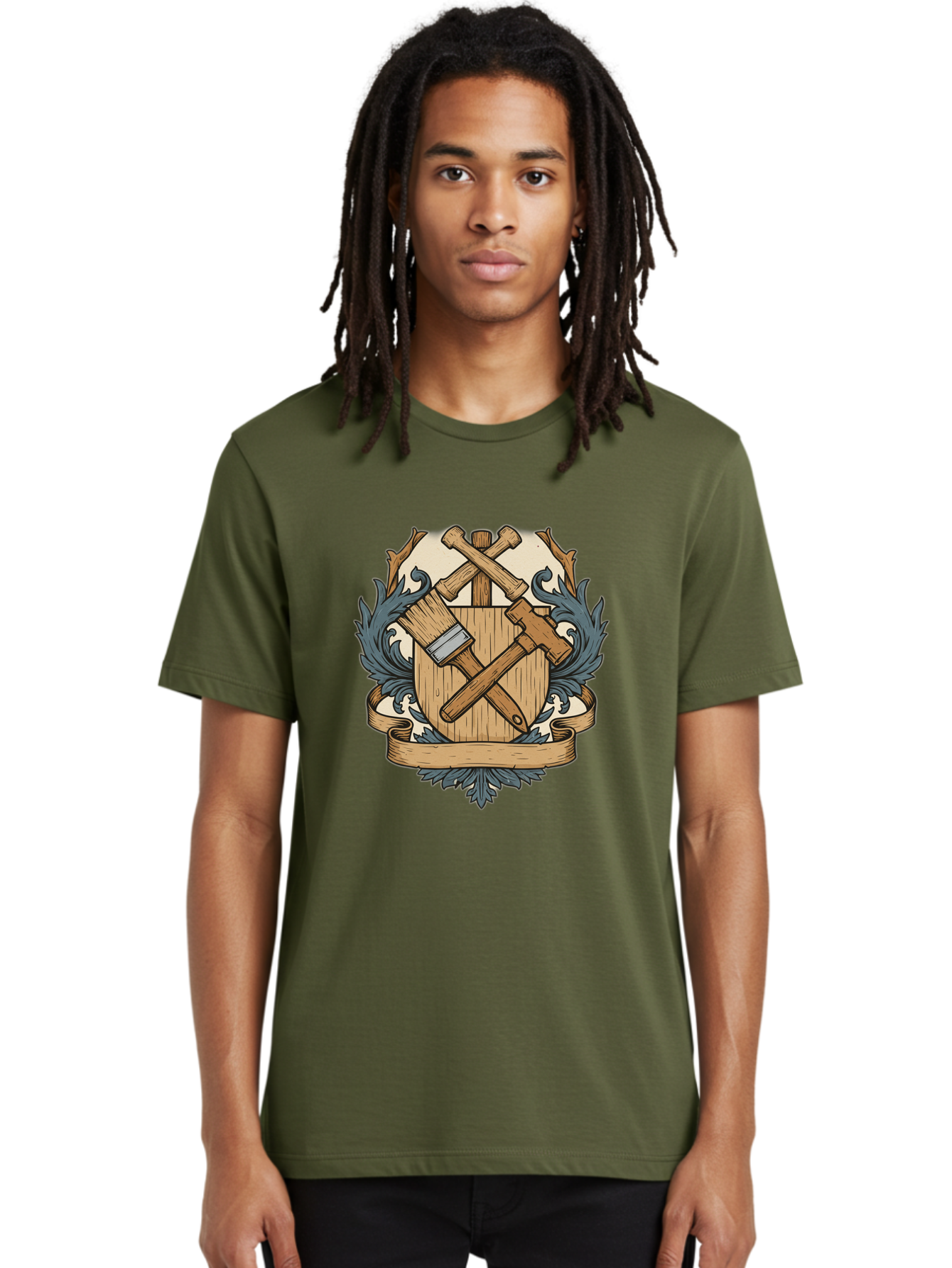 Crisscrossed-Mallets Men'S Graphic Tee, 100% Cotton, Comfortable Casual Summer Wear, Machine Washable, Wooden Shield, Decorative Emblem, Crossed Mallets, Ornate Crest, Heraldic Design, Vintage Logo, Carpentry Tools, Craftsmanship Symbol Bac935