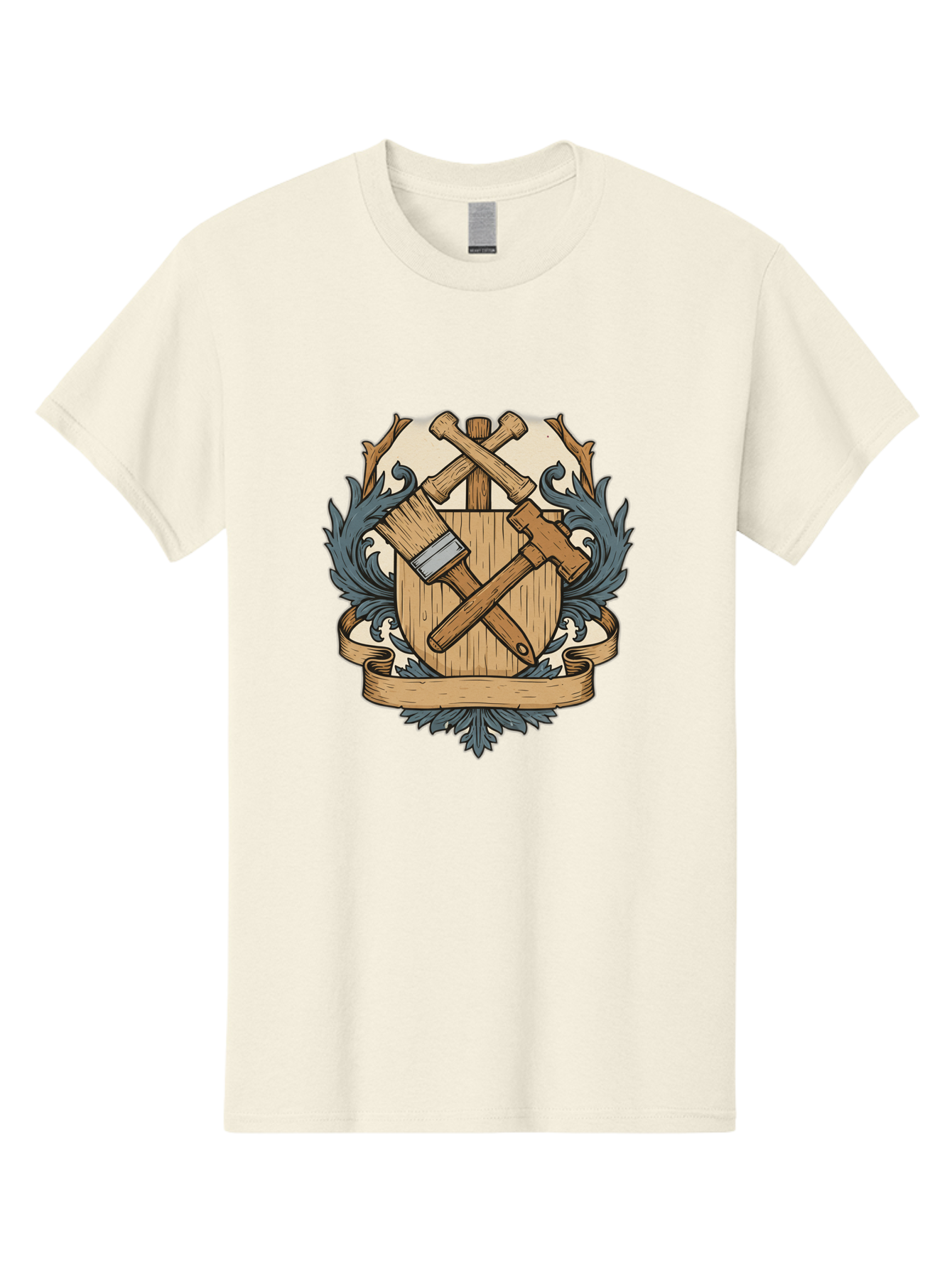 Crisscrossed-Mallets Men'S Graphic Tee, 100% Cotton, Comfortable Casual Summer Wear, Machine Washable, Wooden Shield, Decorative Emblem, Crossed Mallets, Ornate Crest, Heraldic Design, Vintage Logo, Carpentry Tools, Craftsmanship Symbol Bac935
