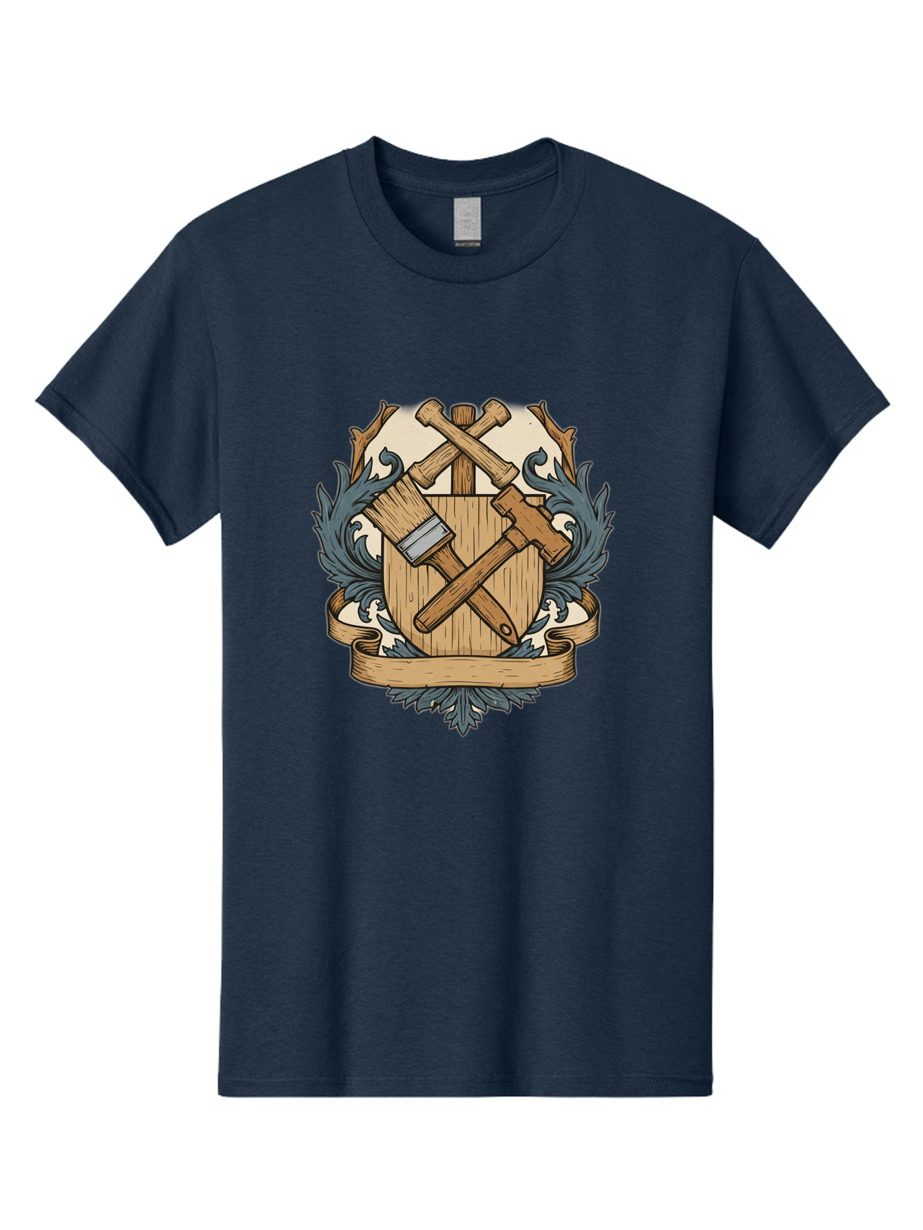 Crisscrossed-Mallets Men'S Graphic Tee, 100% Cotton, Comfortable Casual Summer Wear, Machine Washable, Wooden Shield, Decorative Emblem, Crossed Mallets, Ornate Crest, Heraldic Design, Vintage Logo, Carpentry Tools, Craftsmanship Symbol Bac935