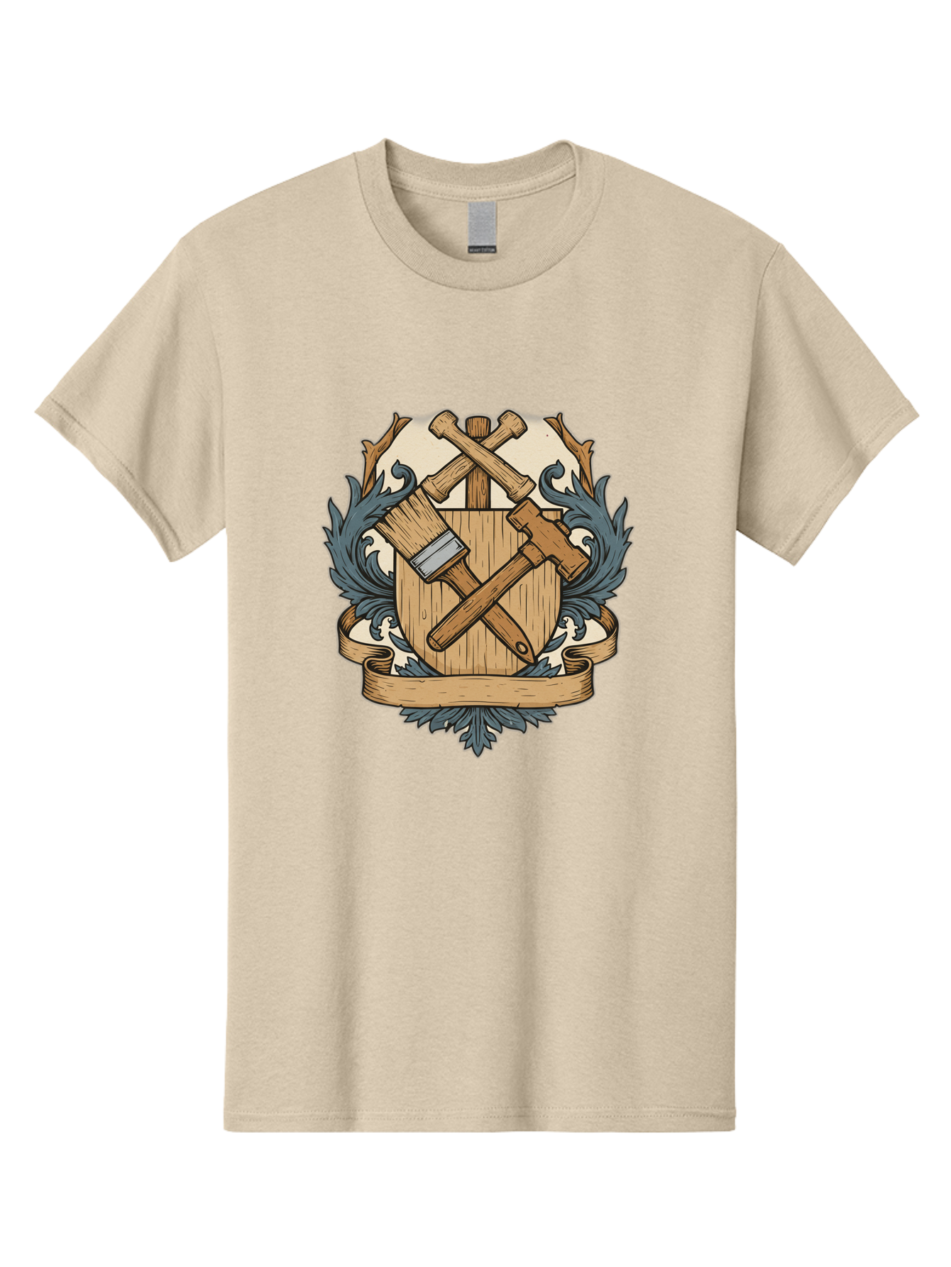 Crisscrossed-Mallets Men'S Graphic Tee, 100% Cotton, Comfortable Casual Summer Wear, Machine Washable, Wooden Shield, Decorative Emblem, Crossed Mallets, Ornate Crest, Heraldic Design, Vintage Logo, Carpentry Tools, Craftsmanship Symbol Bac935