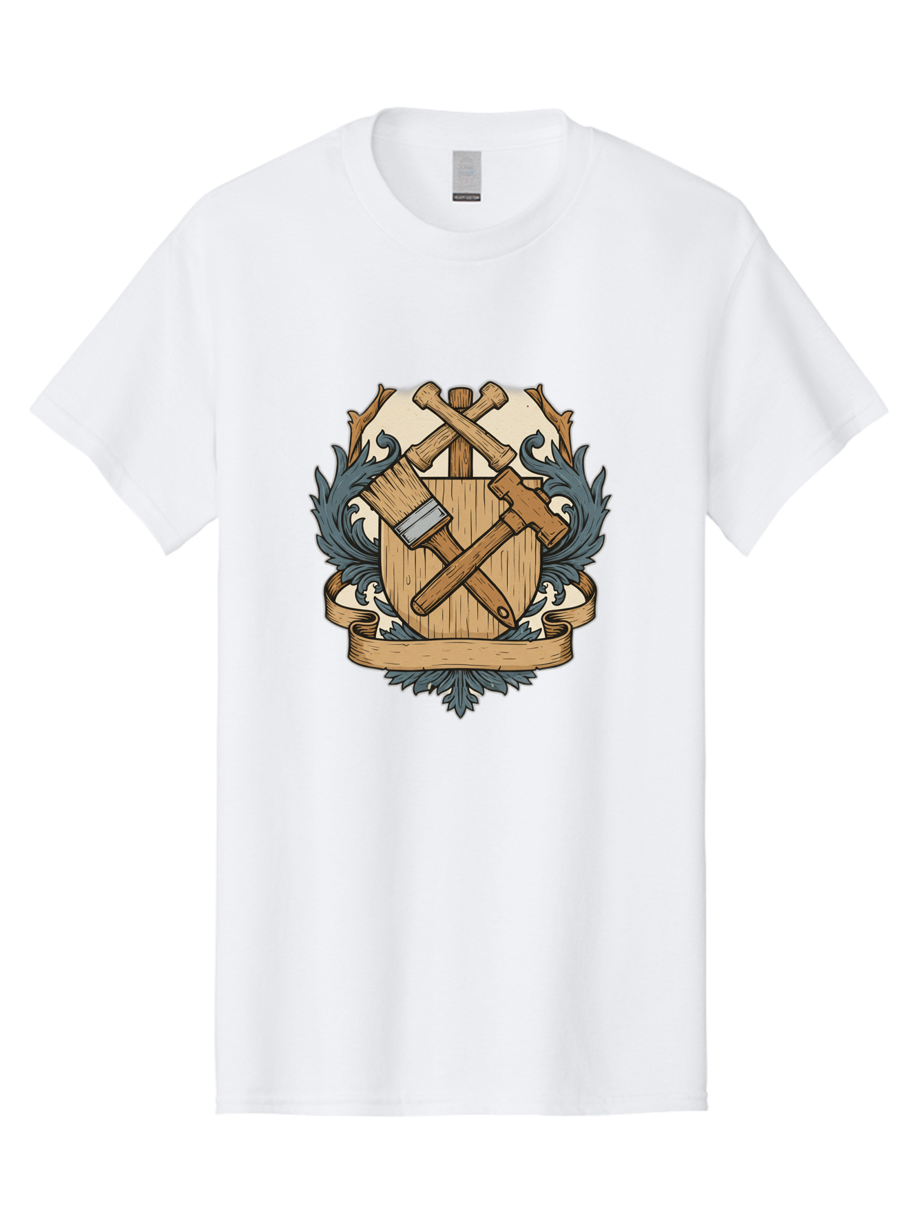 Crisscrossed-Mallets Men'S Graphic Tee, 100% Cotton, Comfortable Casual Summer Wear, Machine Washable, Wooden Shield, Decorative Emblem, Crossed Mallets, Ornate Crest, Heraldic Design, Vintage Logo, Carpentry Tools, Craftsmanship Symbol Bac935