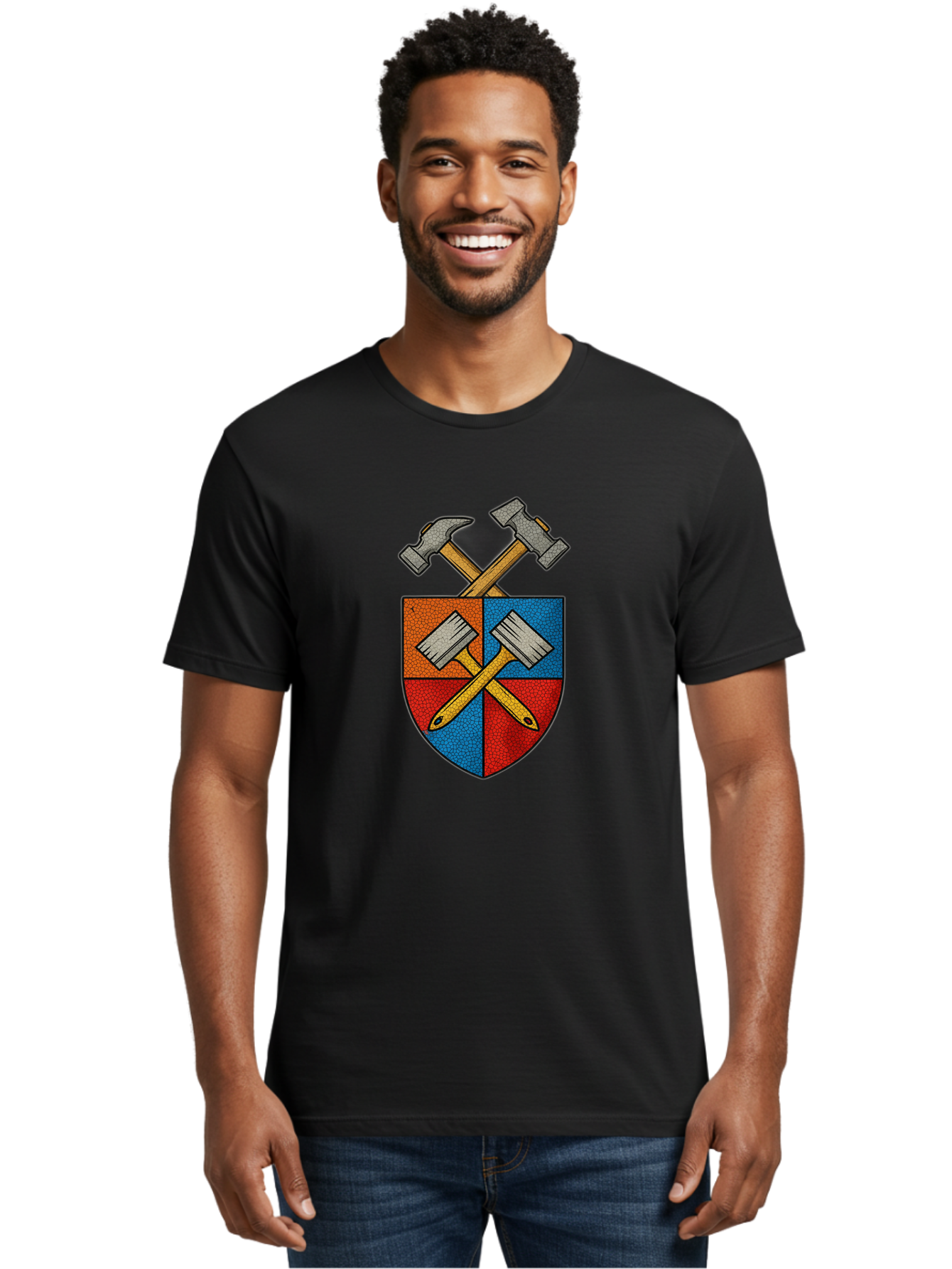 Crossed-Hammers-Coat-Of-Arms Men'S Graphic Tee, 100% Cotton, Comfortable Casual Summer Wear, Machine Washable, Hammers And Pencil, Crossed Tools, Shield Emblem, Carpentry Symbol, Construction Logo, Diy Icon, Craftsmanship Sign Bac937