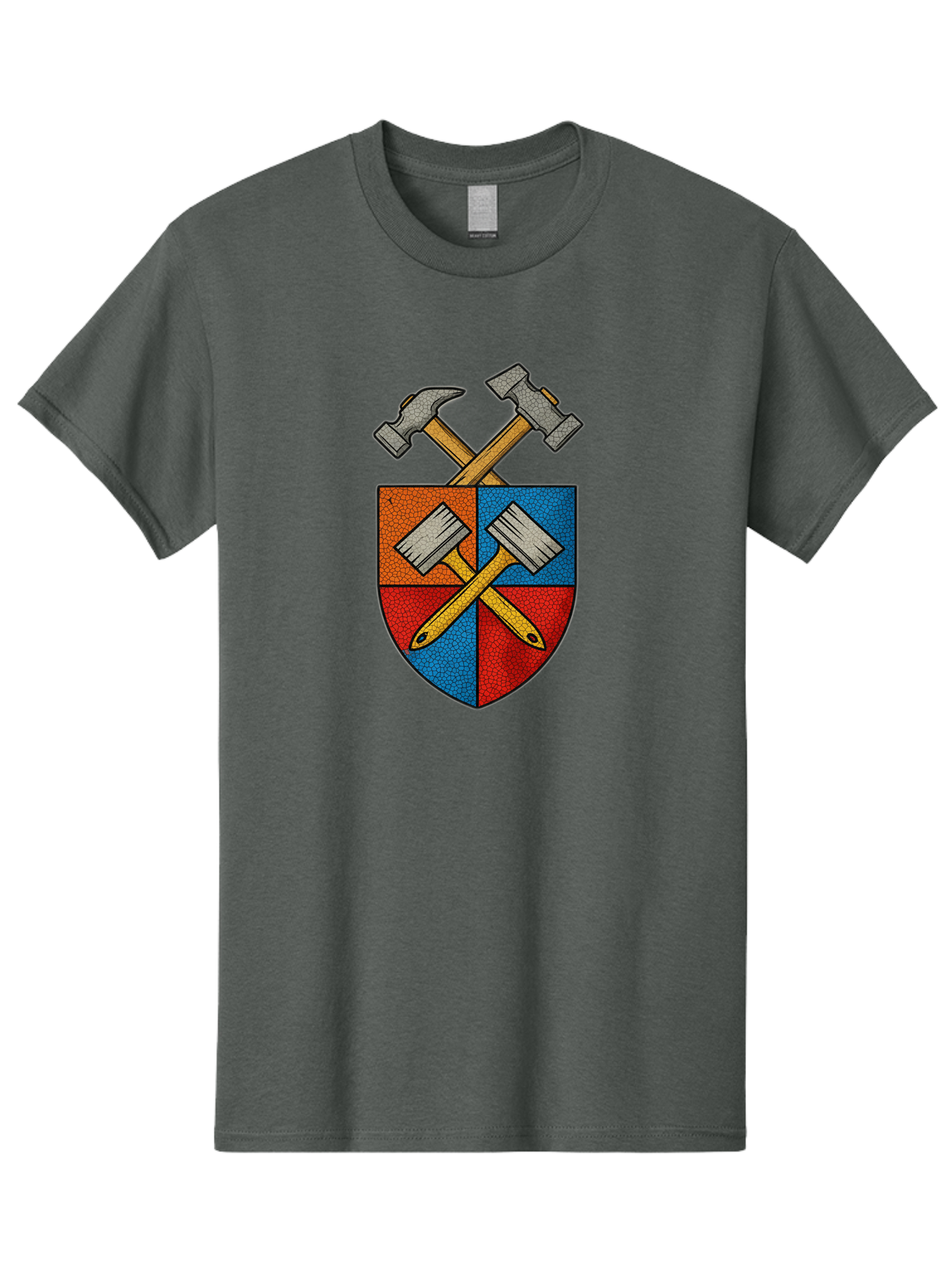 Crossed-Hammers-Coat-Of-Arms Men'S Graphic Tee, 100% Cotton, Comfortable Casual Summer Wear, Machine Washable, Hammers And Pencil, Crossed Tools, Shield Emblem, Carpentry Symbol, Construction Logo, Diy Icon, Craftsmanship Sign Bac937