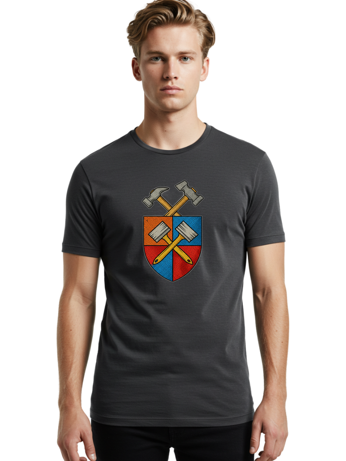 Crossed-Hammers-Coat-Of-Arms Men'S Graphic Tee, 100% Cotton, Comfortable Casual Summer Wear, Machine Washable, Hammers And Pencil, Crossed Tools, Shield Emblem, Carpentry Symbol, Construction Logo, Diy Icon, Craftsmanship Sign Bac937