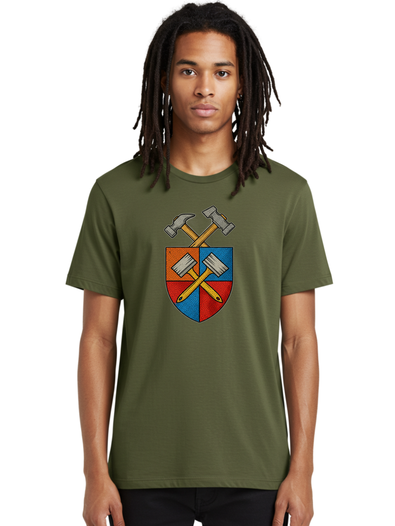 Crossed-Hammers-Coat-Of-Arms Men'S Graphic Tee, 100% Cotton, Comfortable Casual Summer Wear, Machine Washable, Hammers And Pencil, Crossed Tools, Shield Emblem, Carpentry Symbol, Construction Logo, Diy Icon, Craftsmanship Sign Bac937
