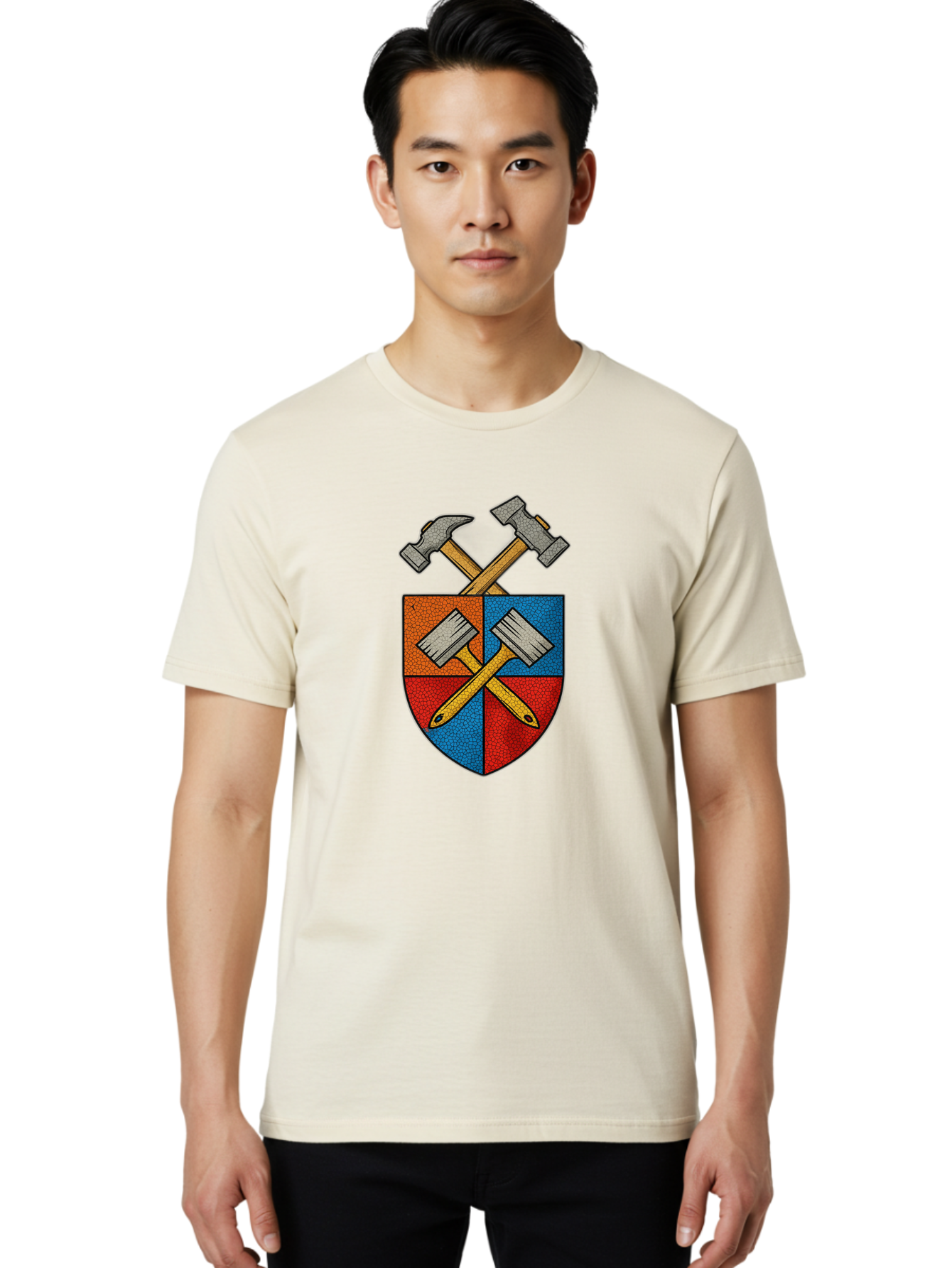 Crossed-Hammers-Coat-Of-Arms Men'S Graphic Tee, 100% Cotton, Comfortable Casual Summer Wear, Machine Washable, Hammers And Pencil, Crossed Tools, Shield Emblem, Carpentry Symbol, Construction Logo, Diy Icon, Craftsmanship Sign Bac937