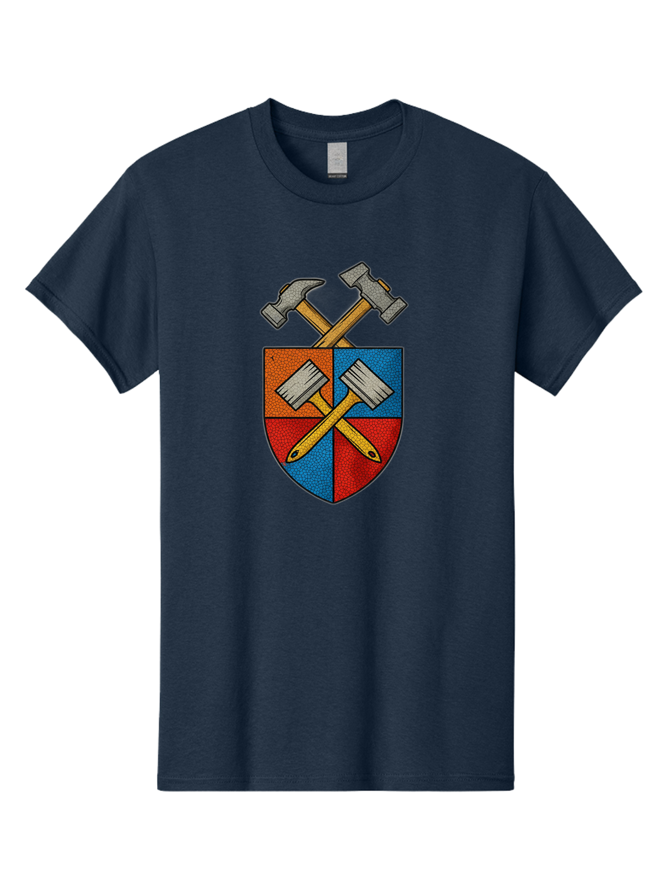Crossed-Hammers-Coat-Of-Arms Men'S Graphic Tee, 100% Cotton, Comfortable Casual Summer Wear, Machine Washable, Hammers And Pencil, Crossed Tools, Shield Emblem, Carpentry Symbol, Construction Logo, Diy Icon, Craftsmanship Sign Bac937