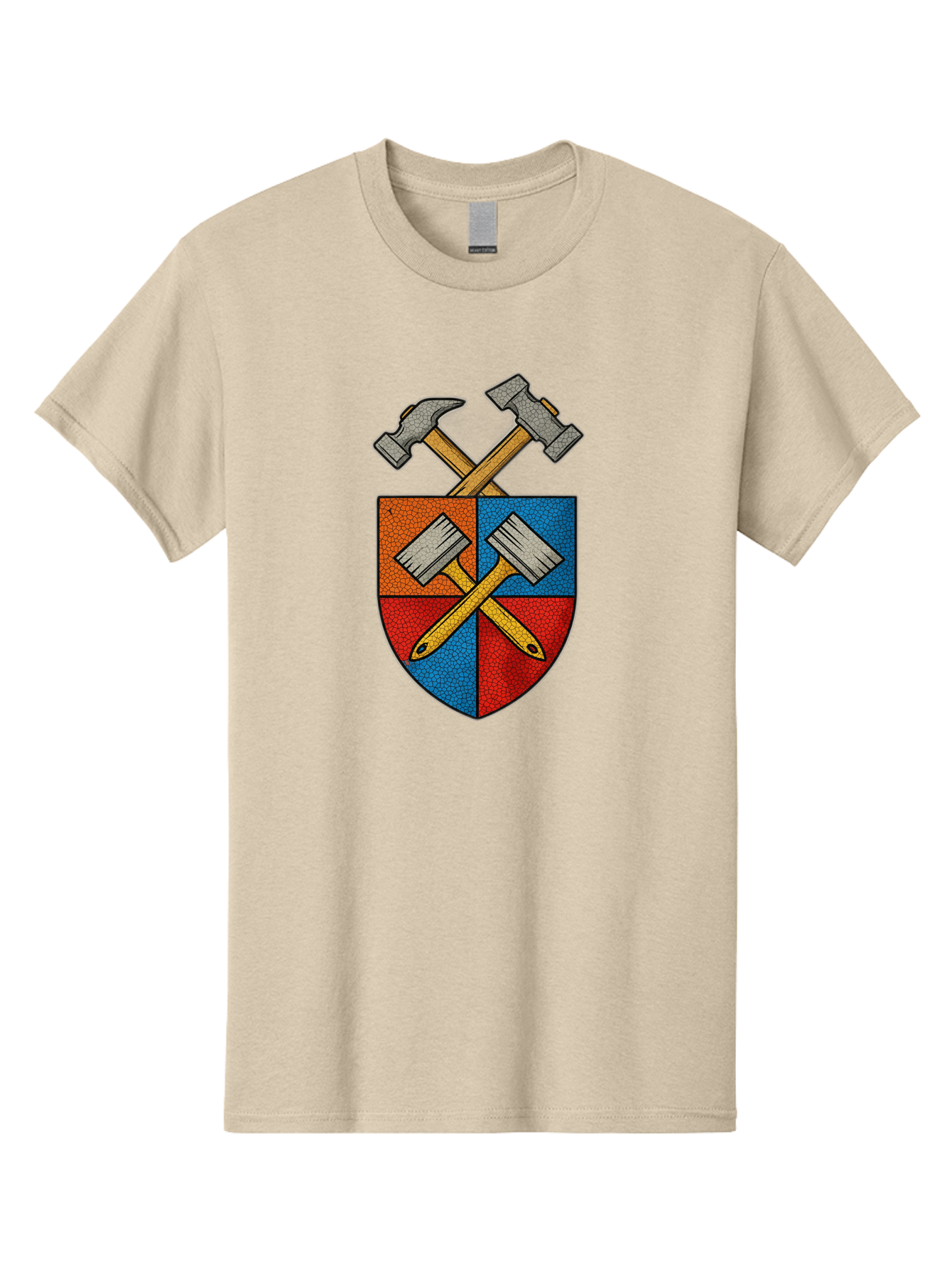 Crossed-Hammers-Coat-Of-Arms Men'S Graphic Tee, 100% Cotton, Comfortable Casual Summer Wear, Machine Washable, Hammers And Pencil, Crossed Tools, Shield Emblem, Carpentry Symbol, Construction Logo, Diy Icon, Craftsmanship Sign Bac937