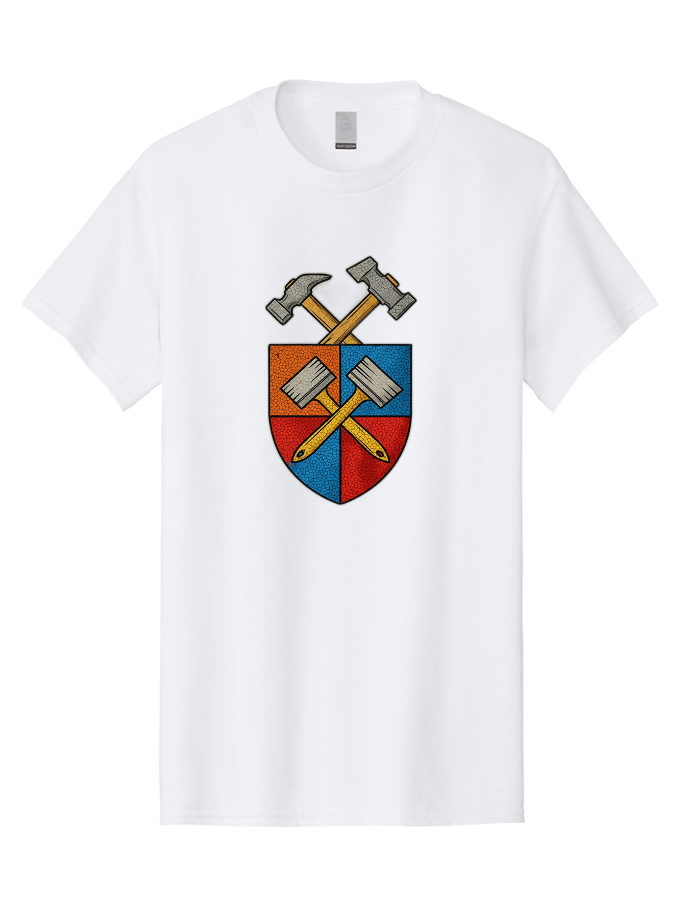 Crossed-Hammers-Coat-Of-Arms Men'S Graphic Tee, 100% Cotton, Comfortable Casual Summer Wear, Machine Washable, Hammers And Pencil, Crossed Tools, Shield Emblem, Carpentry Symbol, Construction Logo, Diy Icon, Craftsmanship Sign Bac937