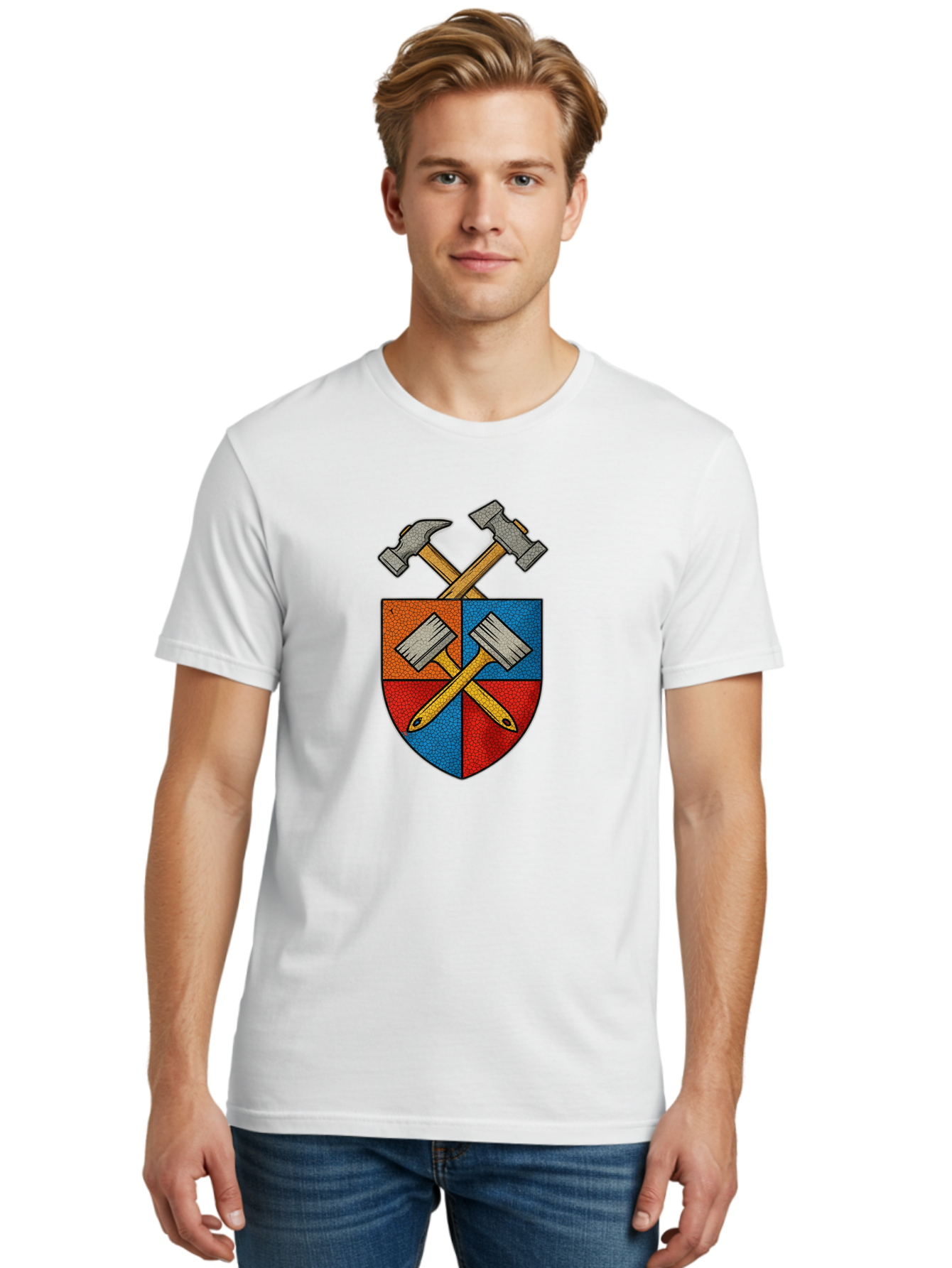 Crossed-Hammers-Coat-Of-Arms Men'S Graphic Tee, 100% Cotton, Comfortable Casual Summer Wear, Machine Washable, Hammers And Pencil, Crossed Tools, Shield Emblem, Carpentry Symbol, Construction Logo, Diy Icon, Craftsmanship Sign Bac937