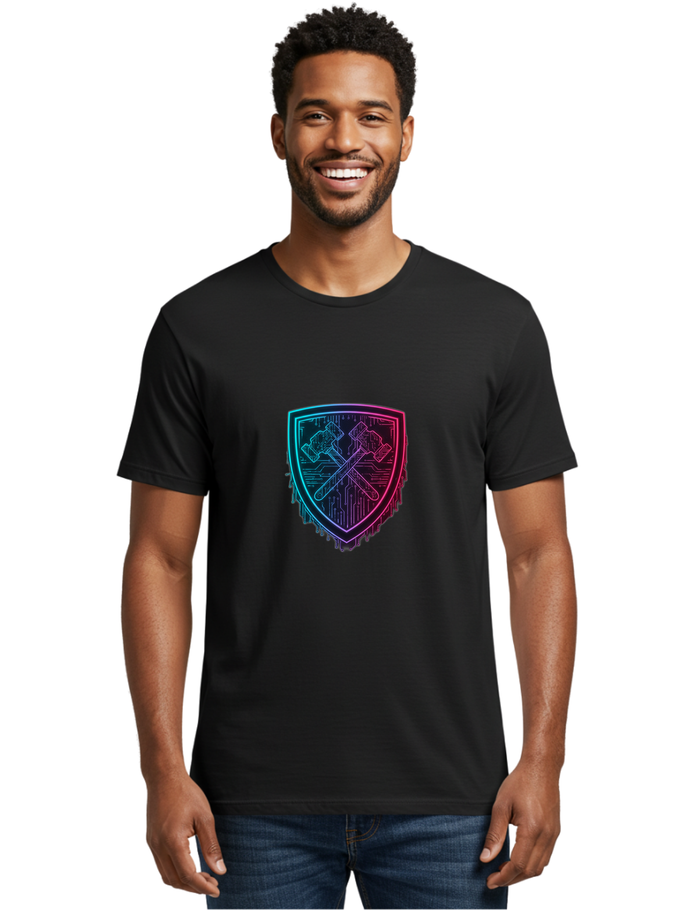Crossed-Hammers-Shield Men'S Graphic Tee, 100% Cotton, Comfortable Casual Summer Wear, Machine Washable, Cyber Security Logo, Crossed Hammers Emblem, Shield Icon, Neon Lights, Futuristic Design, Tech Logo, Hammer And Shield Symbol, Bac938