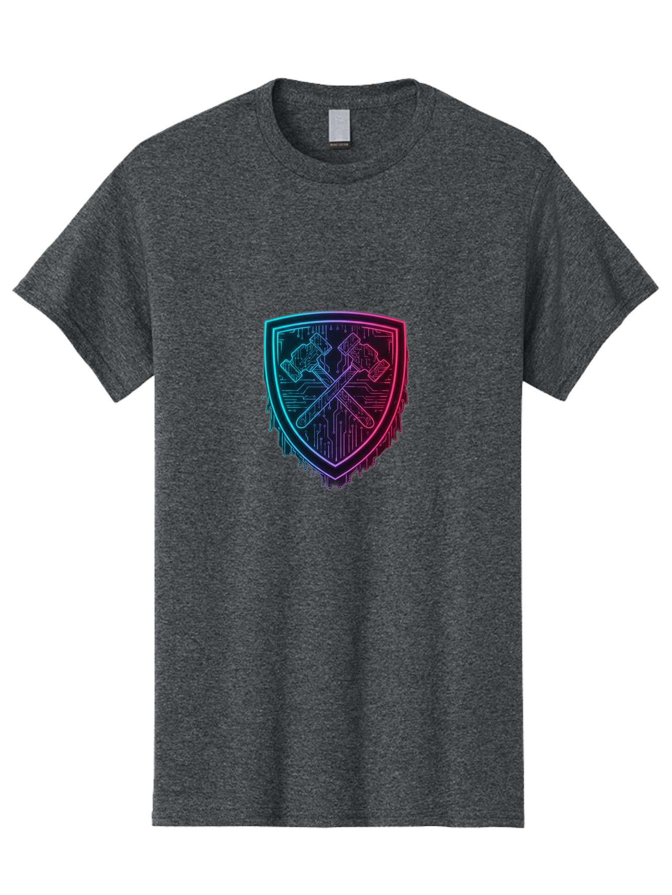 Crossed-Hammers-Shield Men'S Graphic Tee, 100% Cotton, Comfortable Casual Summer Wear, Machine Washable, Cyber Security Logo, Crossed Hammers Emblem, Shield Icon, Neon Lights, Futuristic Design, Tech Logo, Hammer And Shield Symbol, Bac938