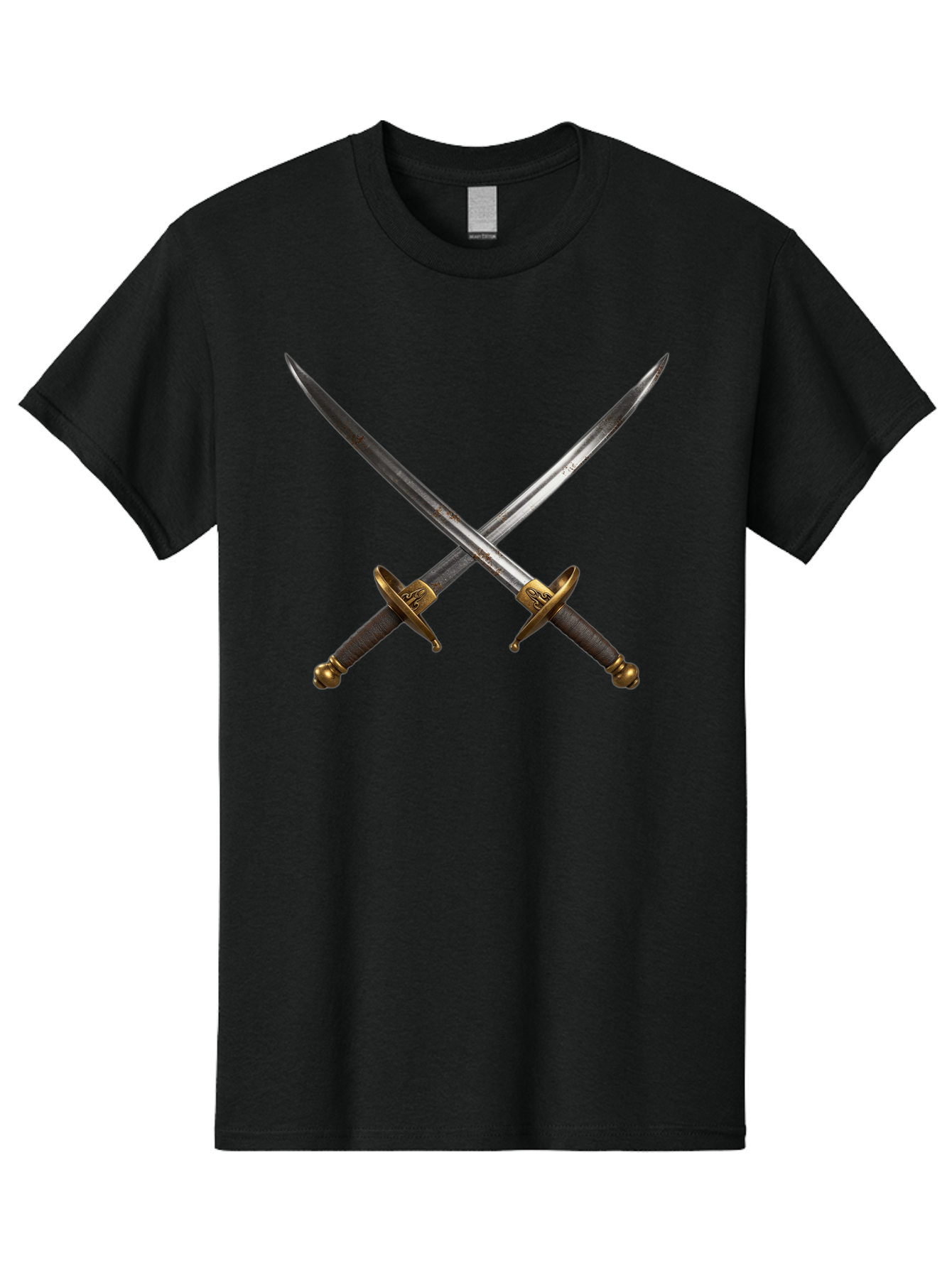Crossed-Swords-1 Men'S Graphic Tee, 100% Cotton, Comfortable Casual Summer Wear, Machine Washable, Crossed Swords, Medieval Weapons, Sword Fight, Dueling Swords, Historical Blades, Battle Ready, Sharp Steel, Gold Hilts, Leather Grips Bac941