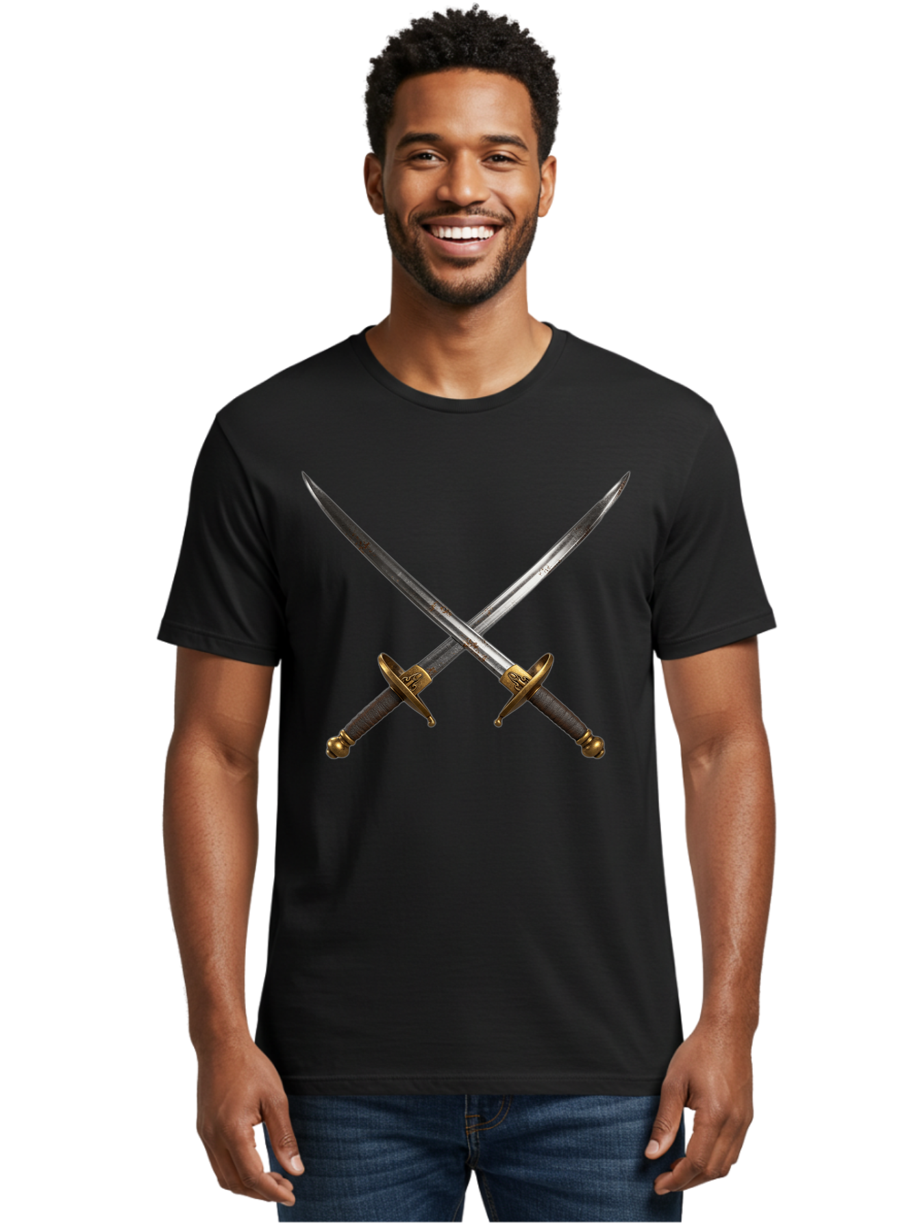 Crossed-Swords-1 Men'S Graphic Tee, 100% Cotton, Comfortable Casual Summer Wear, Machine Washable, Crossed Swords, Medieval Weapons, Sword Fight, Dueling Swords, Historical Blades, Battle Ready, Sharp Steel, Gold Hilts, Leather Grips Bac941