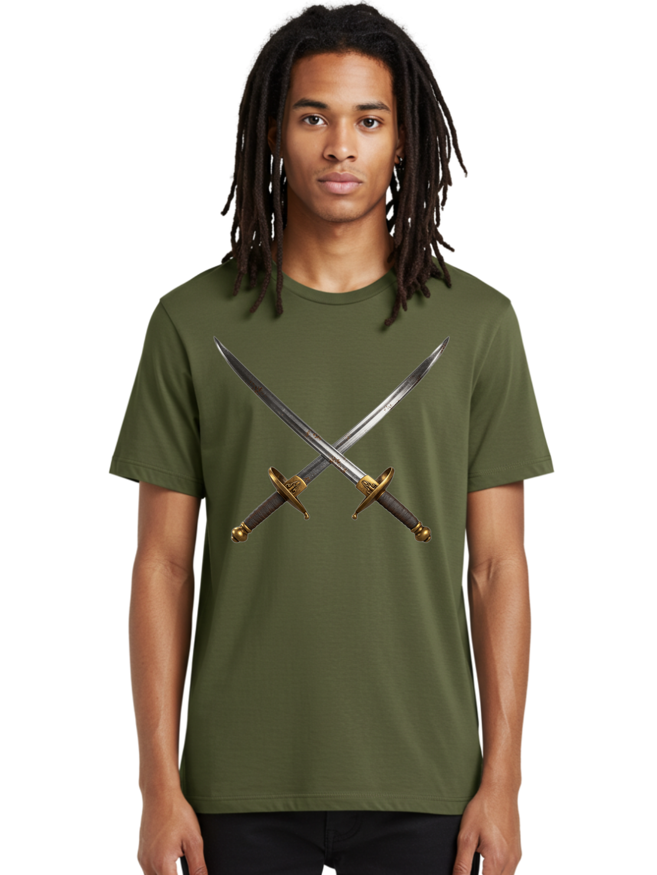 Crossed-Swords-1 Men'S Graphic Tee, 100% Cotton, Comfortable Casual Summer Wear, Machine Washable, Crossed Swords, Medieval Weapons, Sword Fight, Dueling Swords, Historical Blades, Battle Ready, Sharp Steel, Gold Hilts, Leather Grips Bac941