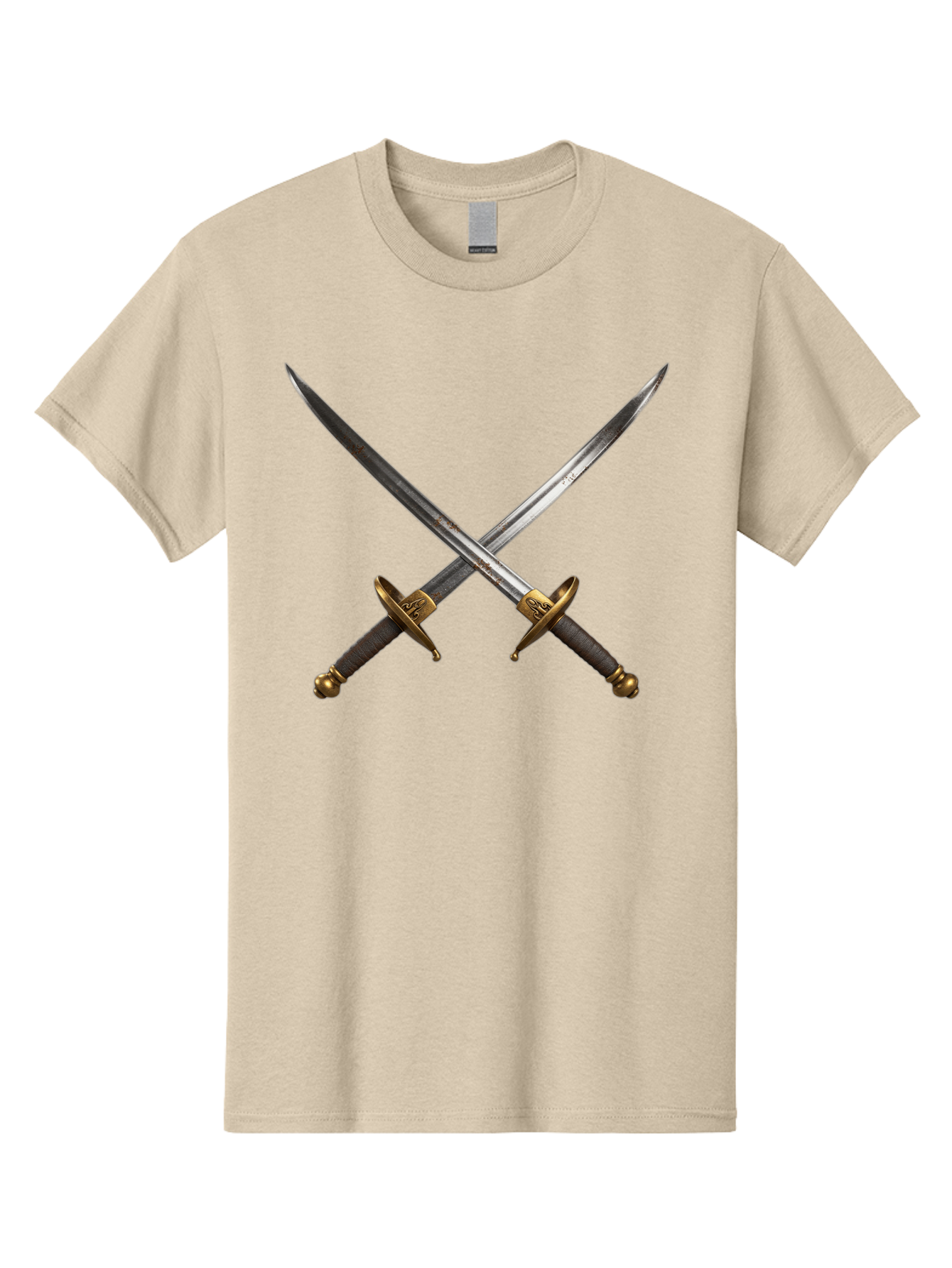 Crossed-Swords-1 Men'S Graphic Tee, 100% Cotton, Comfortable Casual Summer Wear, Machine Washable, Crossed Swords, Medieval Weapons, Sword Fight, Dueling Swords, Historical Blades, Battle Ready, Sharp Steel, Gold Hilts, Leather Grips Bac941
