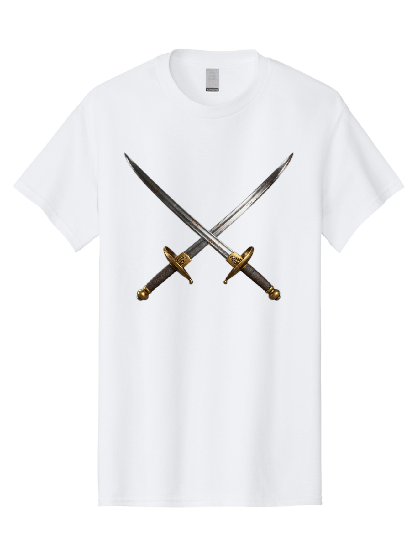 Crossed-Swords-1 Men'S Graphic Tee, 100% Cotton, Comfortable Casual Summer Wear, Machine Washable, Crossed Swords, Medieval Weapons, Sword Fight, Dueling Swords, Historical Blades, Battle Ready, Sharp Steel, Gold Hilts, Leather Grips Bac941