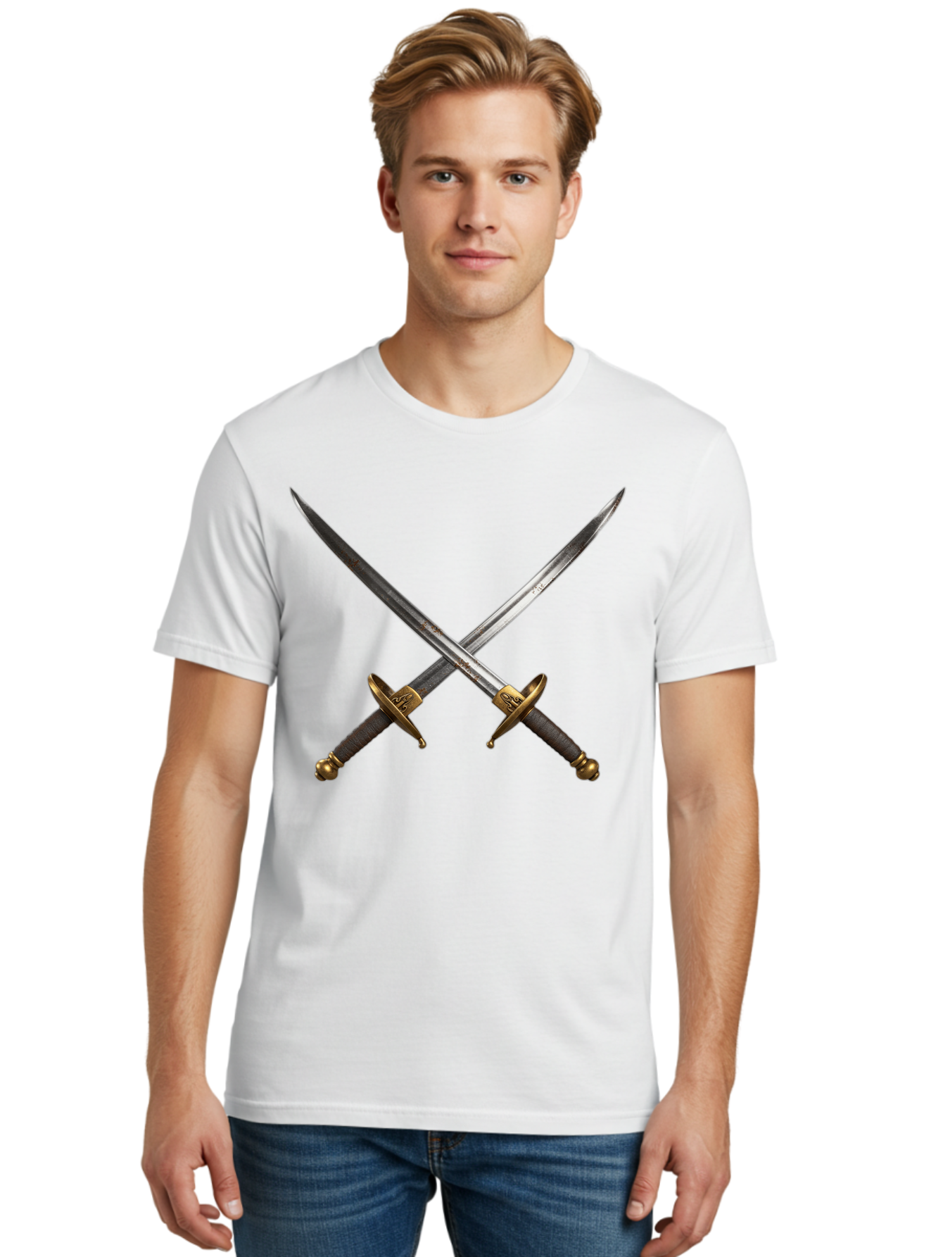 Crossed-Swords-1 Men'S Graphic Tee, 100% Cotton, Comfortable Casual Summer Wear, Machine Washable, Crossed Swords, Medieval Weapons, Sword Fight, Dueling Swords, Historical Blades, Battle Ready, Sharp Steel, Gold Hilts, Leather Grips Bac941