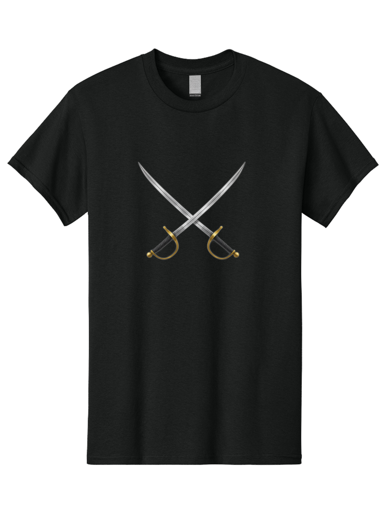 Crossed-Swords-2 Men'S Graphic Tee, 100% Cotton, Comfortable Casual Summer Wear, Machine Washable, Crossed Swords, Medieval Swords, Historical Dueling, Sword Fight, Gold Hilts, Black Grips, Metal Blades, Sword Emblem, Fencing Swords, Bac942
