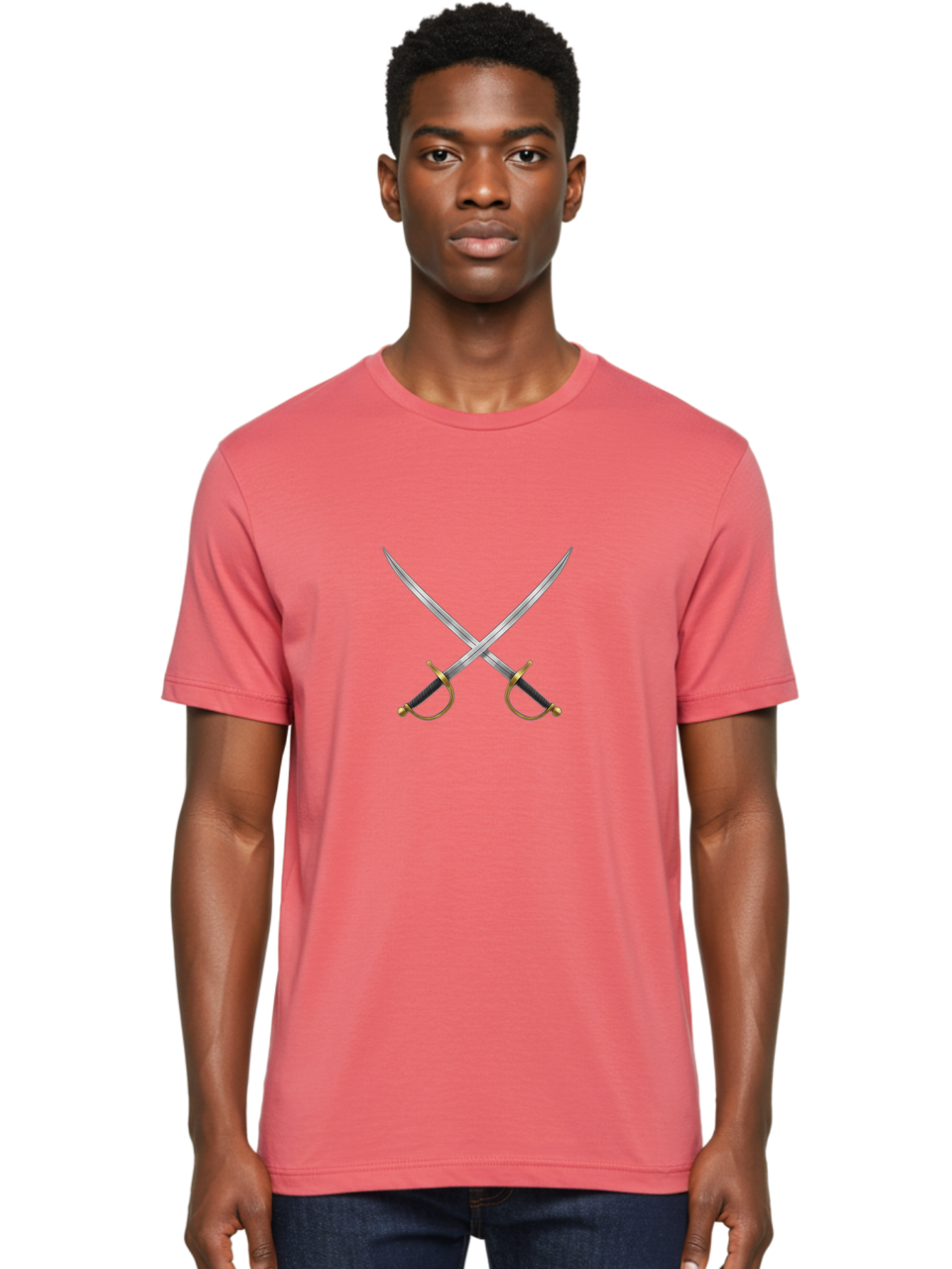 Crossed-Swords-2 Men'S Graphic Tee, 100% Cotton, Comfortable Casual Summer Wear, Machine Washable, Crossed Swords, Medieval Swords, Historical Dueling, Sword Fight, Gold Hilts, Black Grips, Metal Blades, Sword Emblem, Fencing Swords, Bac942