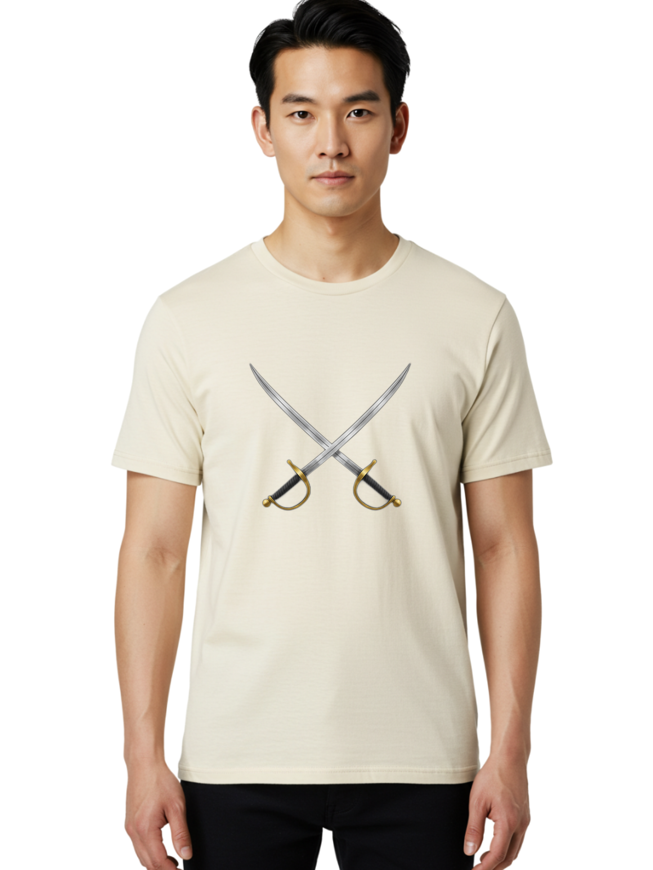 Crossed-Swords-2 Men'S Graphic Tee, 100% Cotton, Comfortable Casual Summer Wear, Machine Washable, Crossed Swords, Medieval Swords, Historical Dueling, Sword Fight, Gold Hilts, Black Grips, Metal Blades, Sword Emblem, Fencing Swords, Bac942