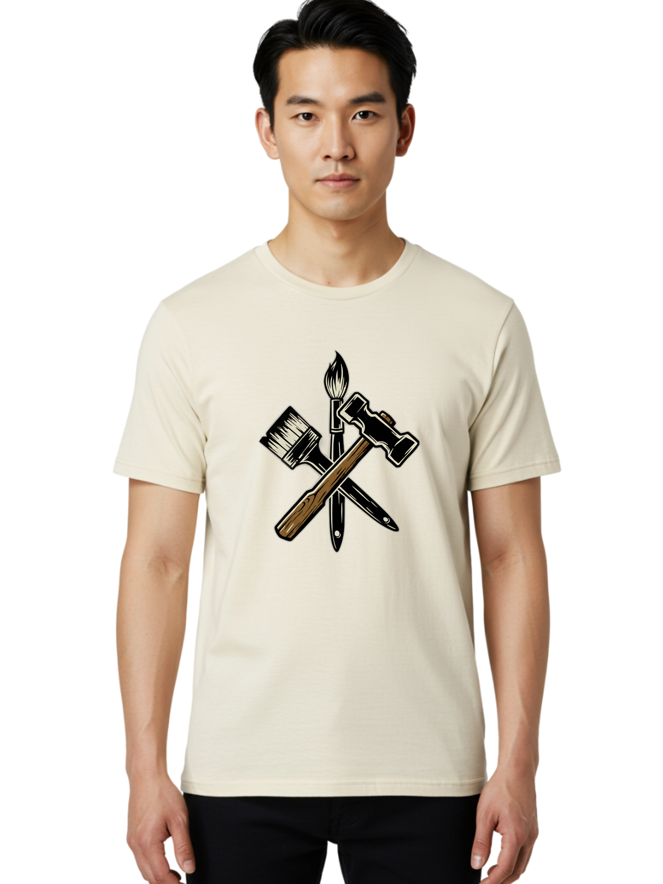 Crossed-Tools Men'S Graphic Tee, 100% Cotton, Comfortable Casual Summer Wear, Machine Washable, Paintbrush, Hammer, Pocket Knife, Art Tools, Craft Supplies, Creative Expression, Diy Projects, Handmade Crafts, Artistic Expression Bac945