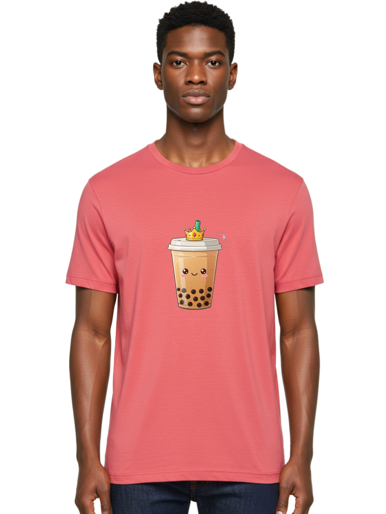 Crown-Bubble-Tea Men'S Graphic Tee, 100% Cotton, Comfortable Casual Summer Wear, Machine Washable, Bubble Tea, Cartoon Style, Kawaii, Smiling Face, Golden Crown, Boba Drink, Tea Cup, Straw, Cute, Fun, Playful, Sweet, Refreshing, Trendy Bac946