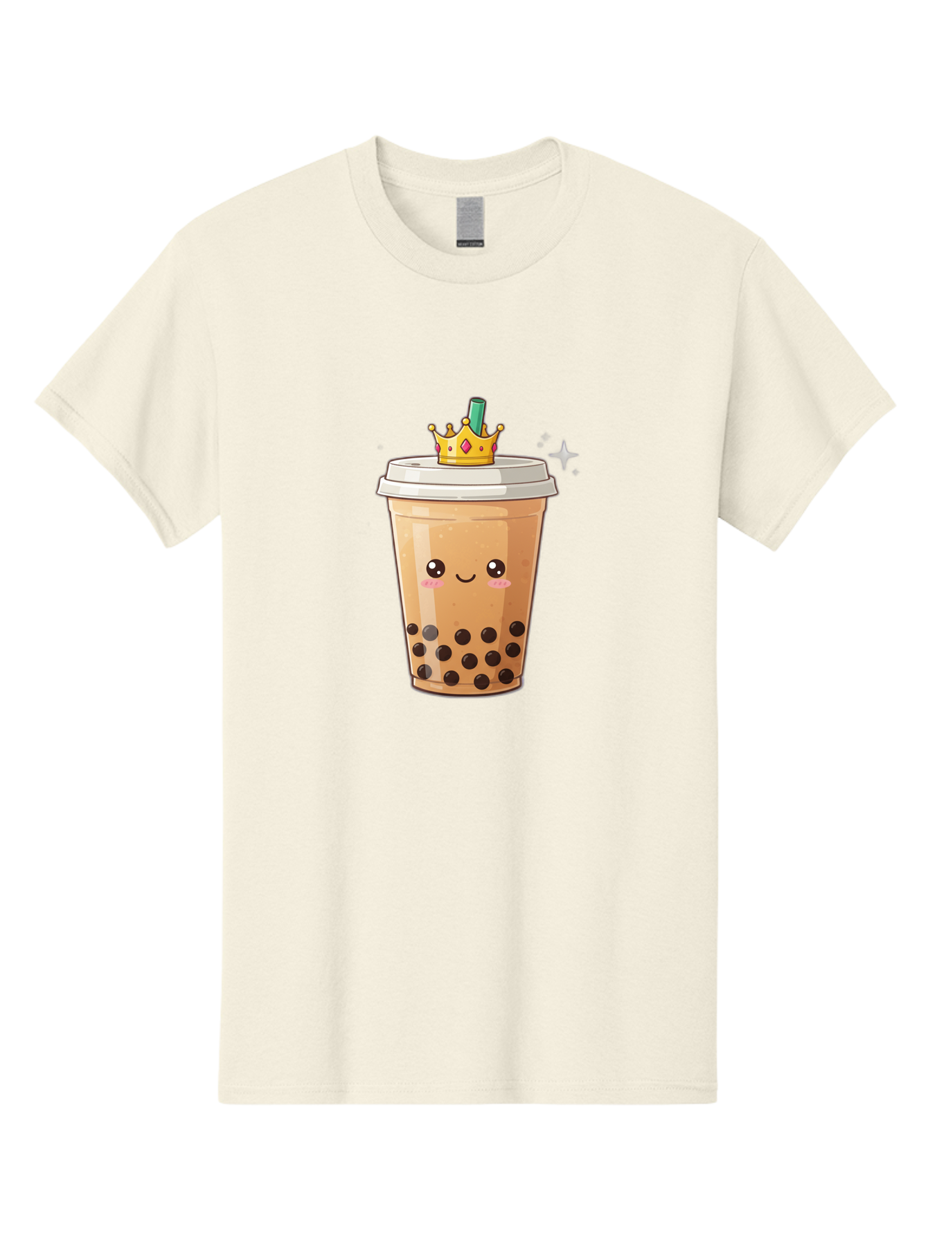 Crown-Bubble-Tea Men'S Graphic Tee, 100% Cotton, Comfortable Casual Summer Wear, Machine Washable, Bubble Tea, Cartoon Style, Kawaii, Smiling Face, Golden Crown, Boba Drink, Tea Cup, Straw, Cute, Fun, Playful, Sweet, Refreshing, Trendy Bac946