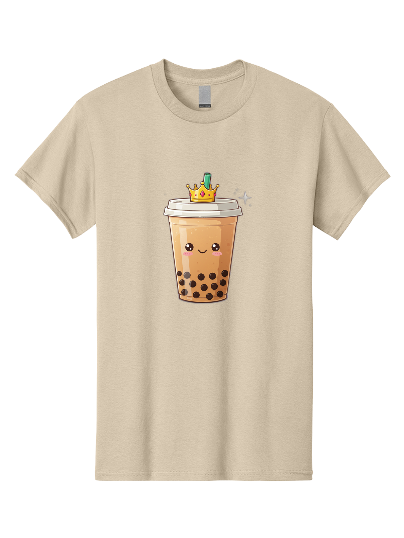 Crown-Bubble-Tea Men'S Graphic Tee, 100% Cotton, Comfortable Casual Summer Wear, Machine Washable, Bubble Tea, Cartoon Style, Kawaii, Smiling Face, Golden Crown, Boba Drink, Tea Cup, Straw, Cute, Fun, Playful, Sweet, Refreshing, Trendy Bac946