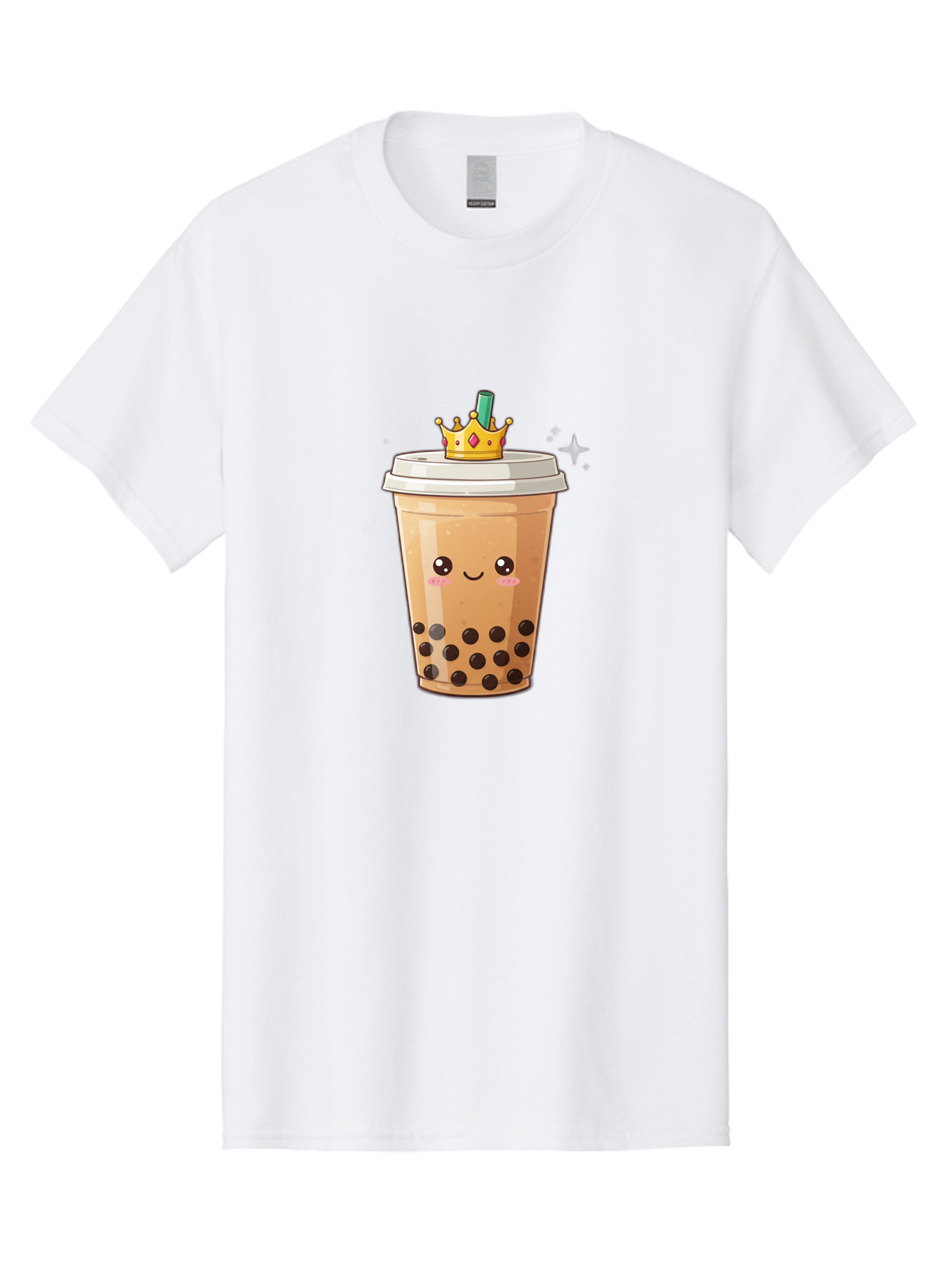 Crown-Bubble-Tea Men'S Graphic Tee, 100% Cotton, Comfortable Casual Summer Wear, Machine Washable, Bubble Tea, Cartoon Style, Kawaii, Smiling Face, Golden Crown, Boba Drink, Tea Cup, Straw, Cute, Fun, Playful, Sweet, Refreshing, Trendy Bac946