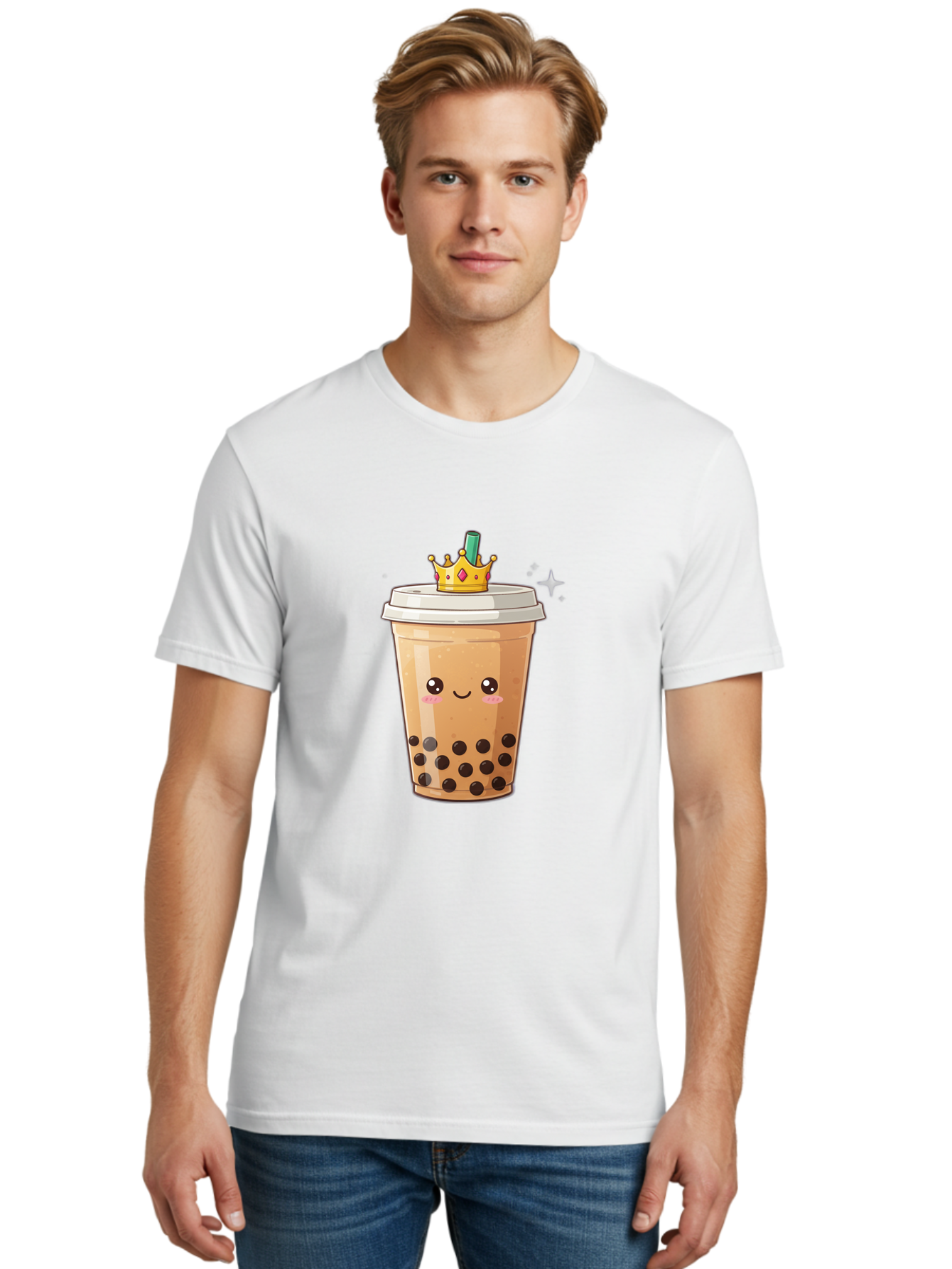 Crown-Bubble-Tea Men'S Graphic Tee, 100% Cotton, Comfortable Casual Summer Wear, Machine Washable, Bubble Tea, Cartoon Style, Kawaii, Smiling Face, Golden Crown, Boba Drink, Tea Cup, Straw, Cute, Fun, Playful, Sweet, Refreshing, Trendy Bac946